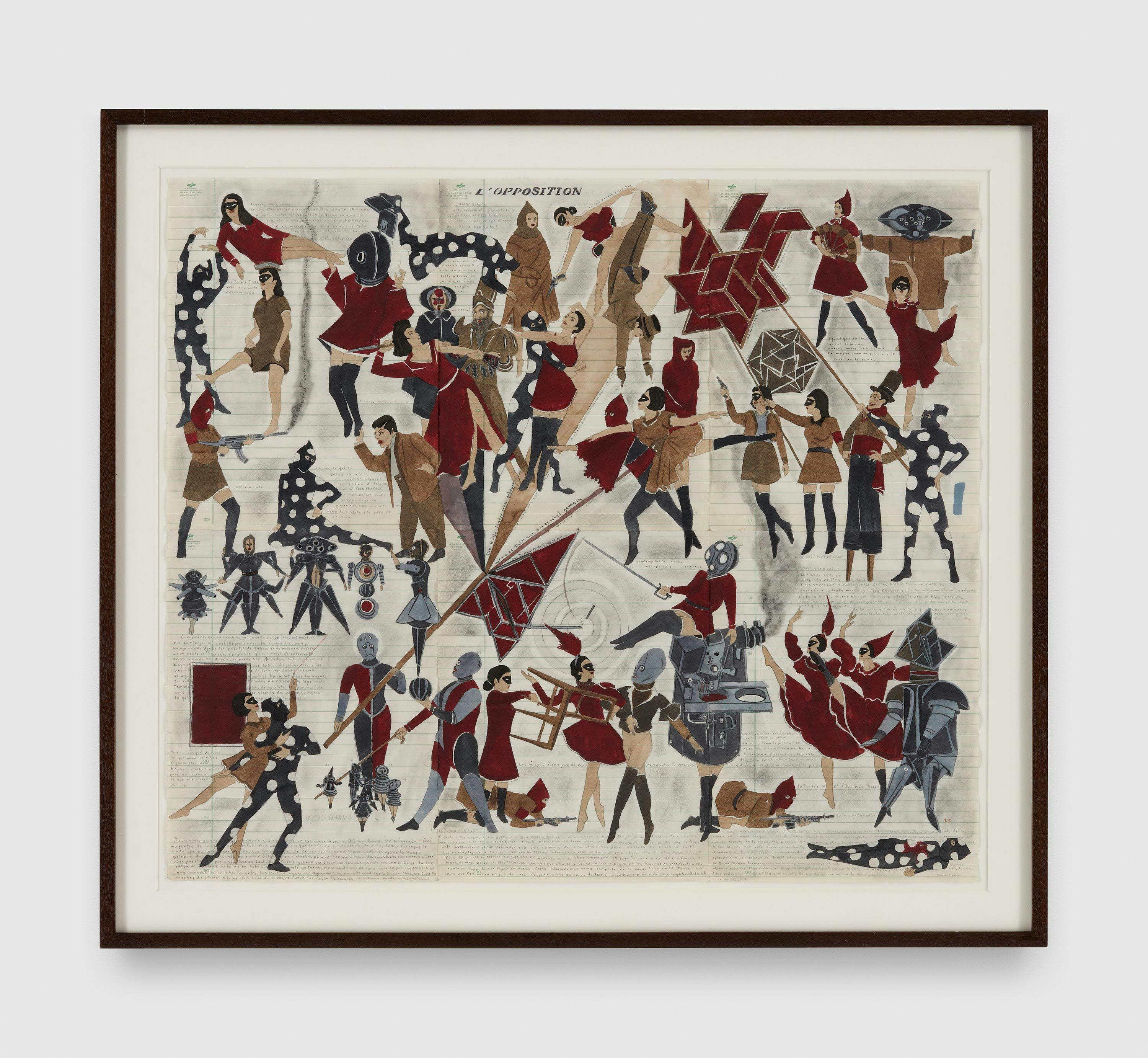 A work on paper by Marcel Dzama, titled The Opposition Strangles its Strangers, dated 2010.