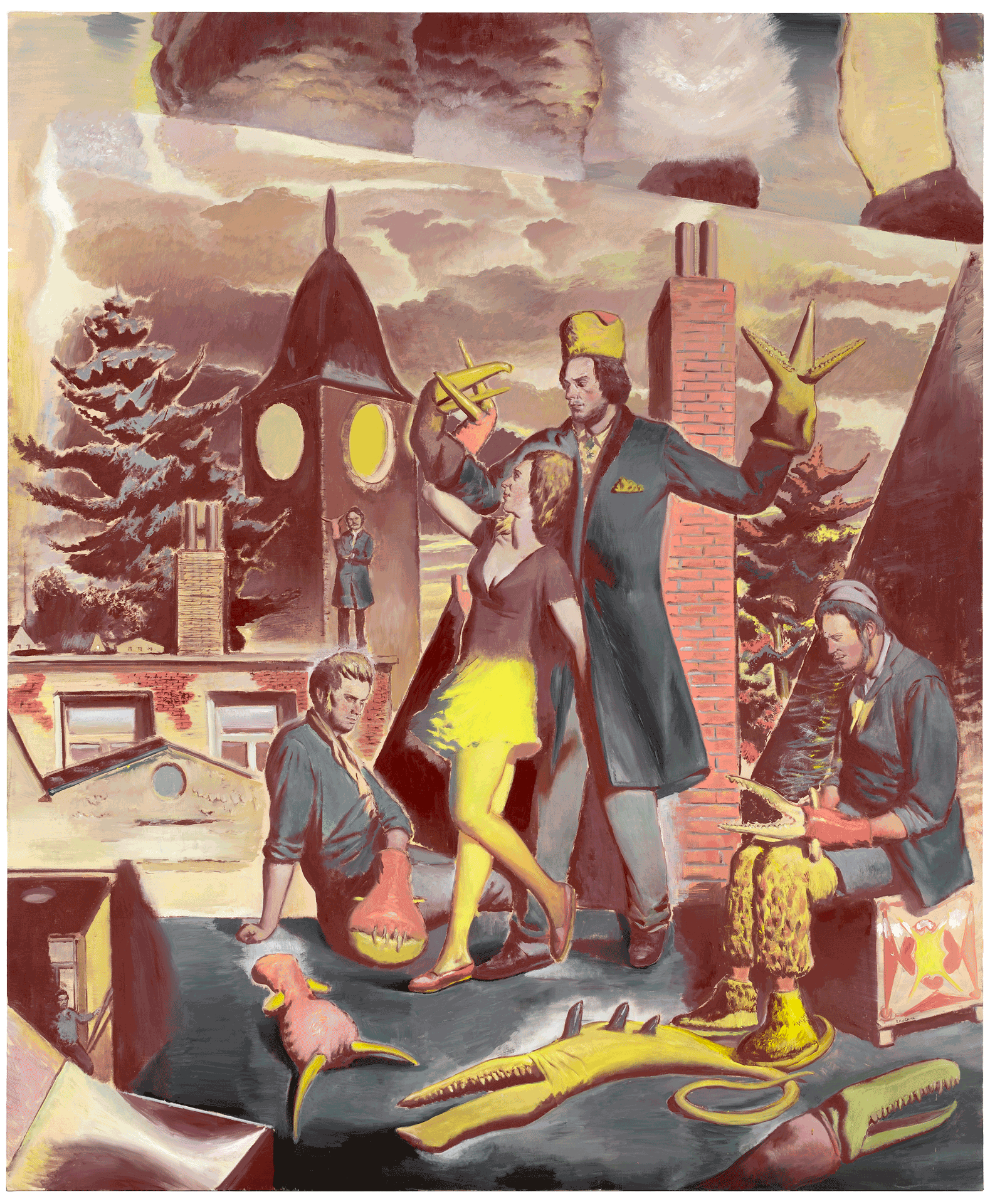 A painting by Neo Rauch, titled Uber den Dachern, dated 2014.