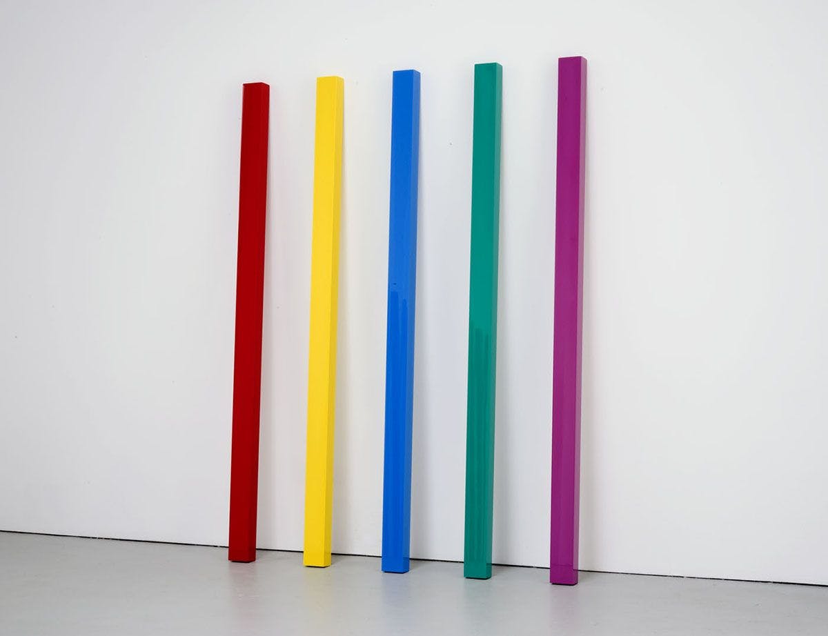 A mixed media sculpture in five parts by John McCracken, titled Flare, dated 2008.