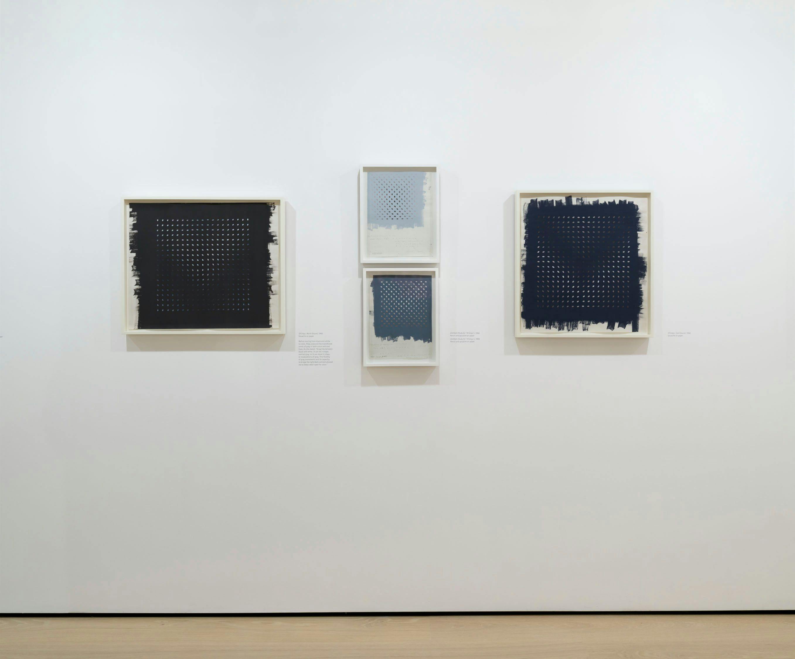 Installation view of the exhibition, Bridget Riley Drawings: From the Artist's Studio, at The Hammer Museum in Los Angeles, dated 2023.