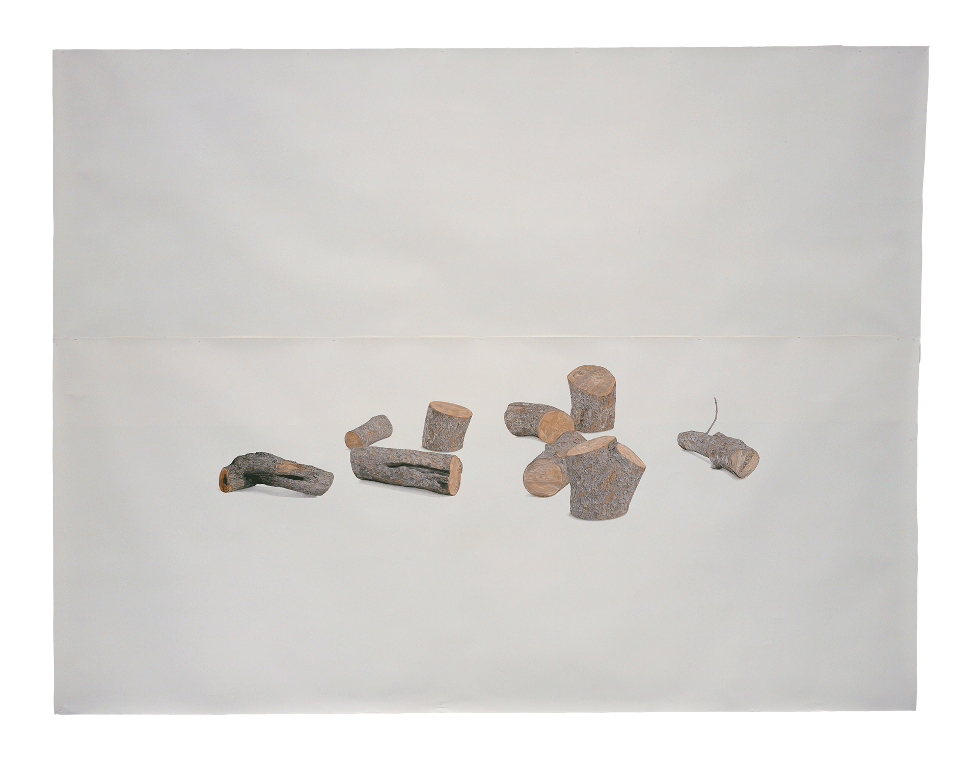 An oil, wax, and collage work on paper by Toba Khedoori, titled Untitled (Logs), dated 2006.