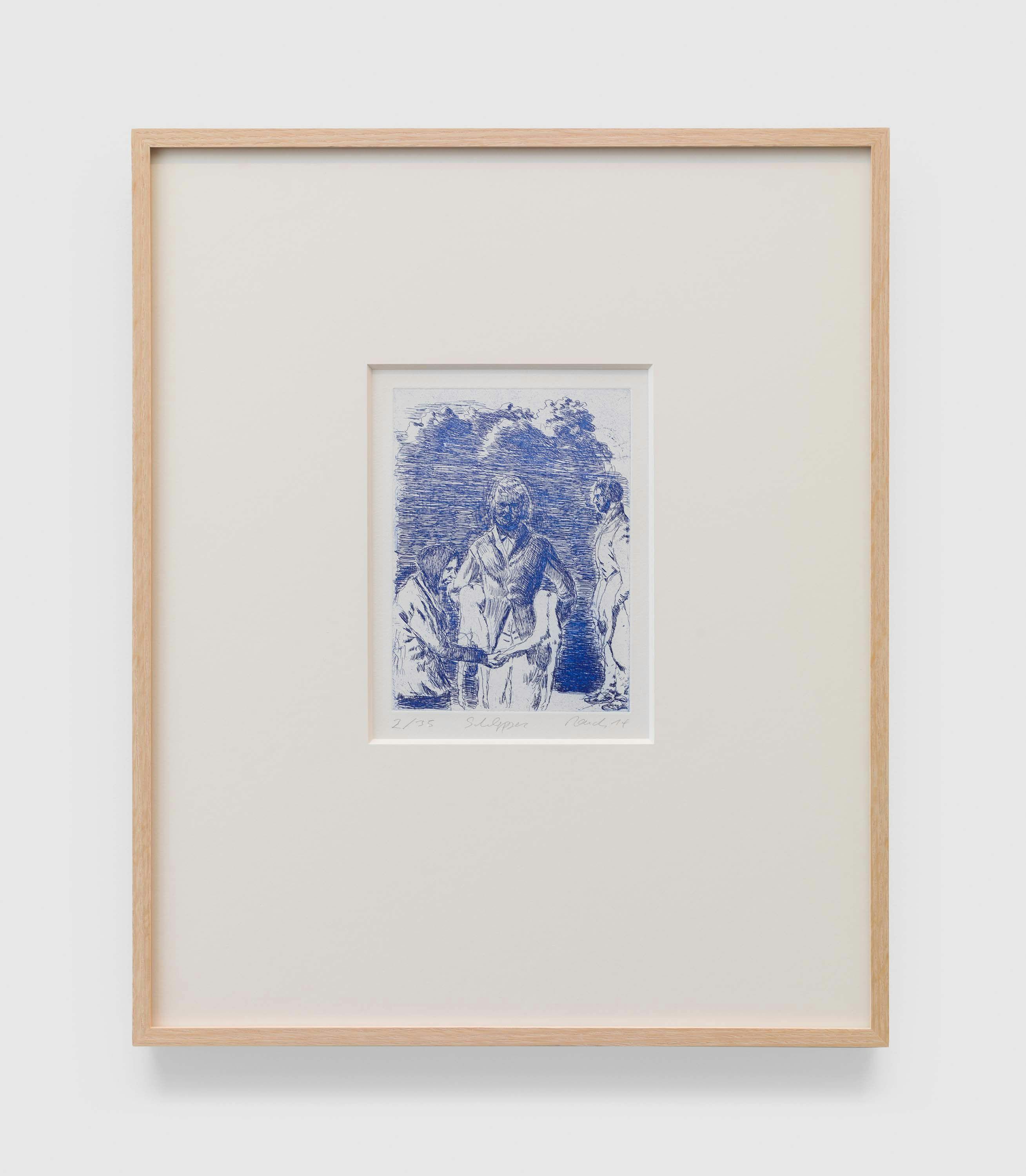 A monochrome etching by Neo Rauch, titled Schlepper, dated 2014.