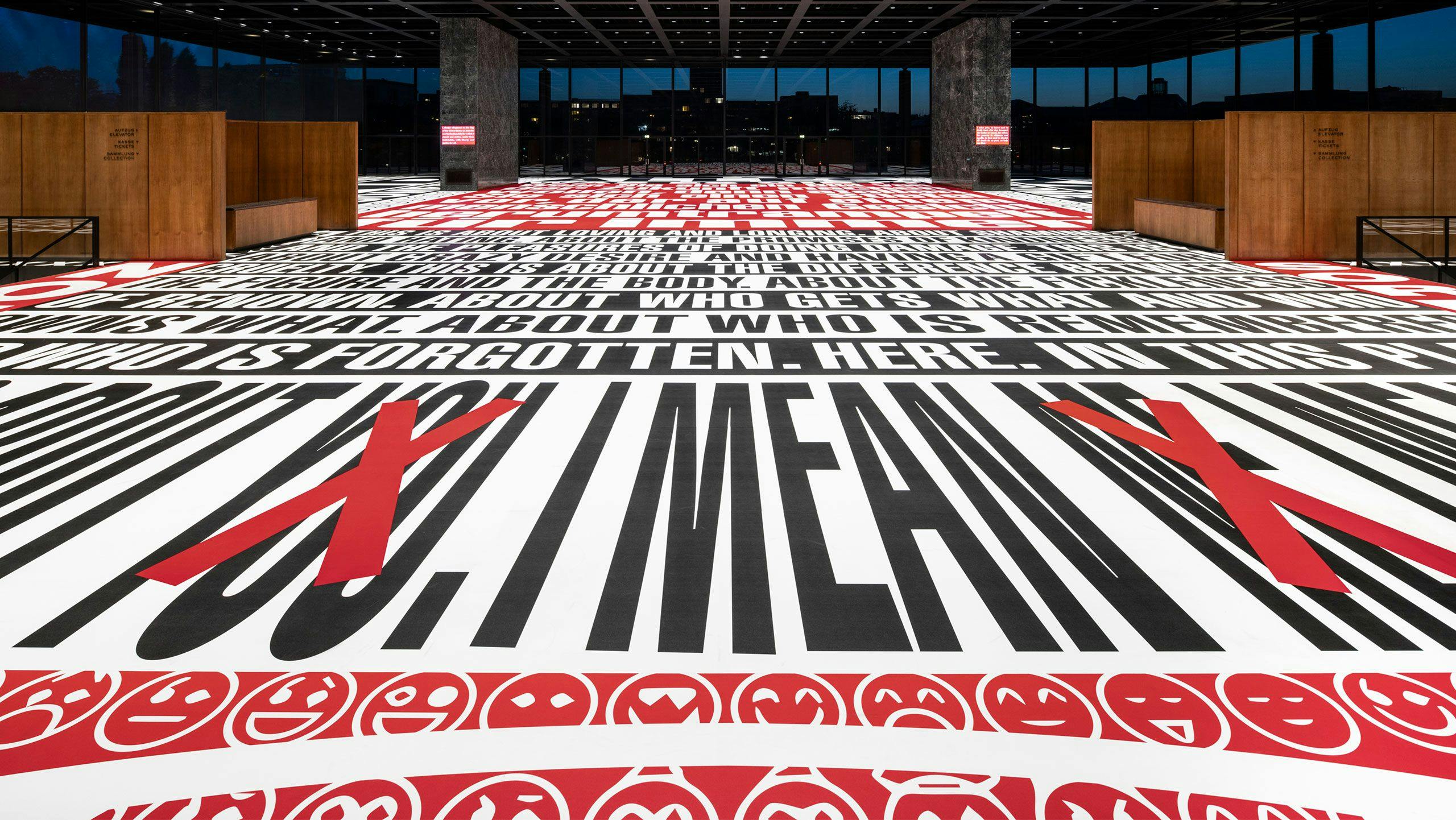 Installation view of the exhibition, Barbara Kruger: Bitte lachen / Please cry, at Neue Nationalgalerie in Berlin, dated 2022