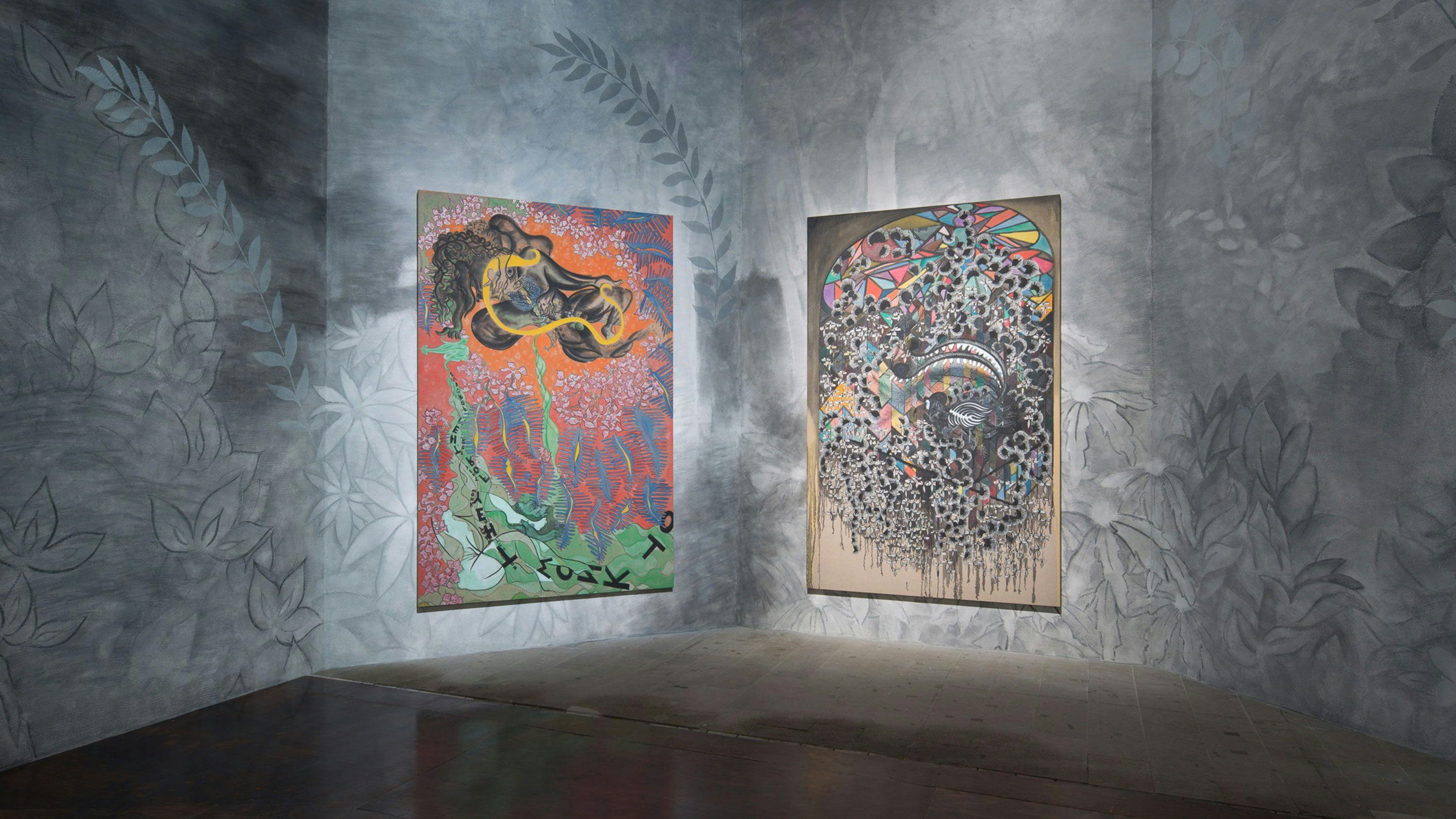 Installation view of Chris Ofili’s work shown in All the World’s Futures, 56th Venice Biennale, dated May through November 2015