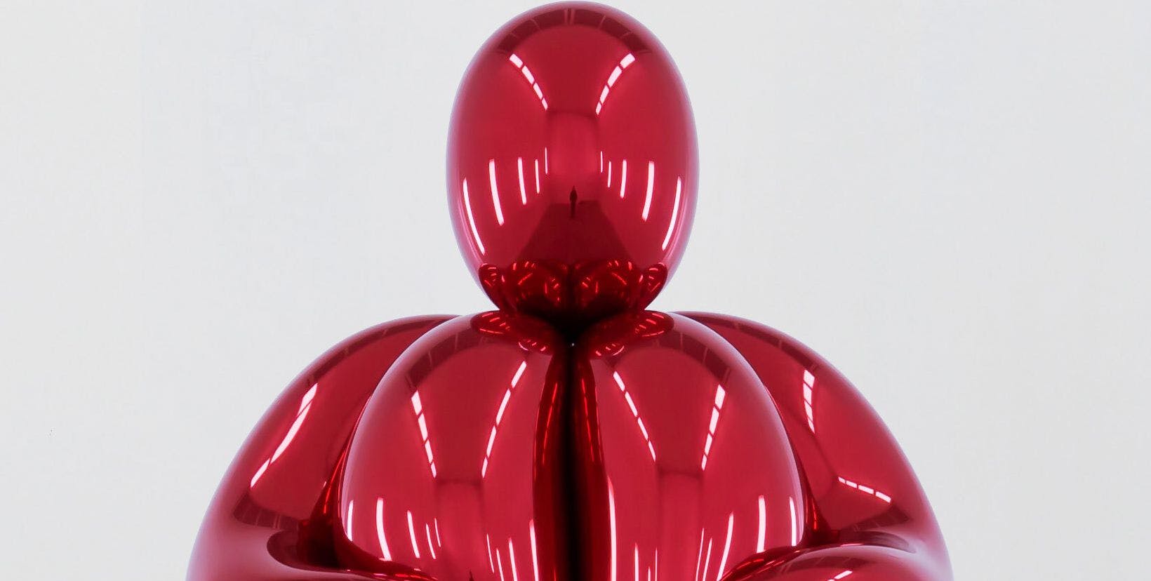 A detail from a sculpture by Jeff Koons, titled Balloon Venus Lespugue (Red), dated 2013–2019.