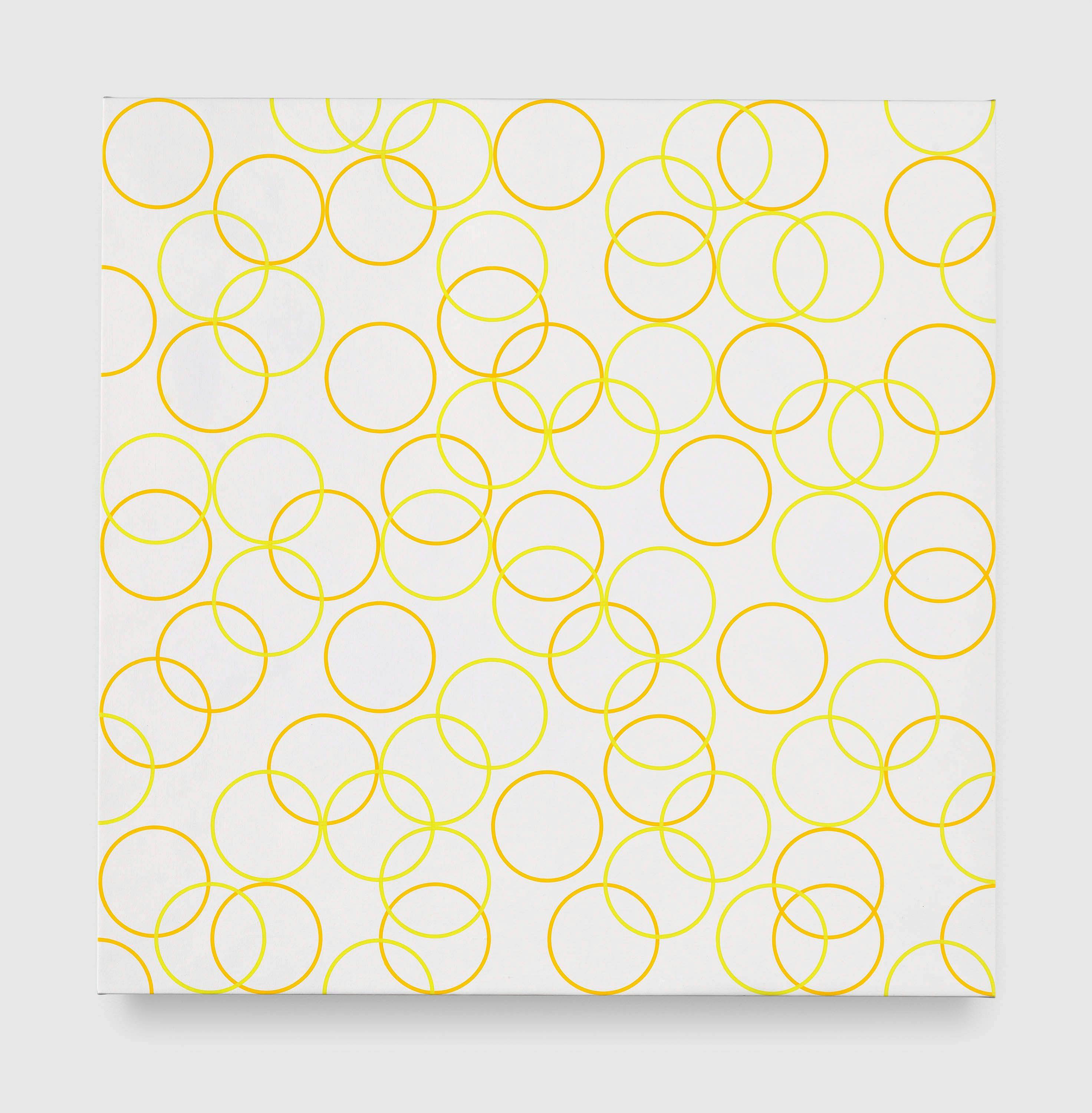 A painting by Bridget Riley, titled Two Yellows, Composition with Circles 5, dated 2011.
