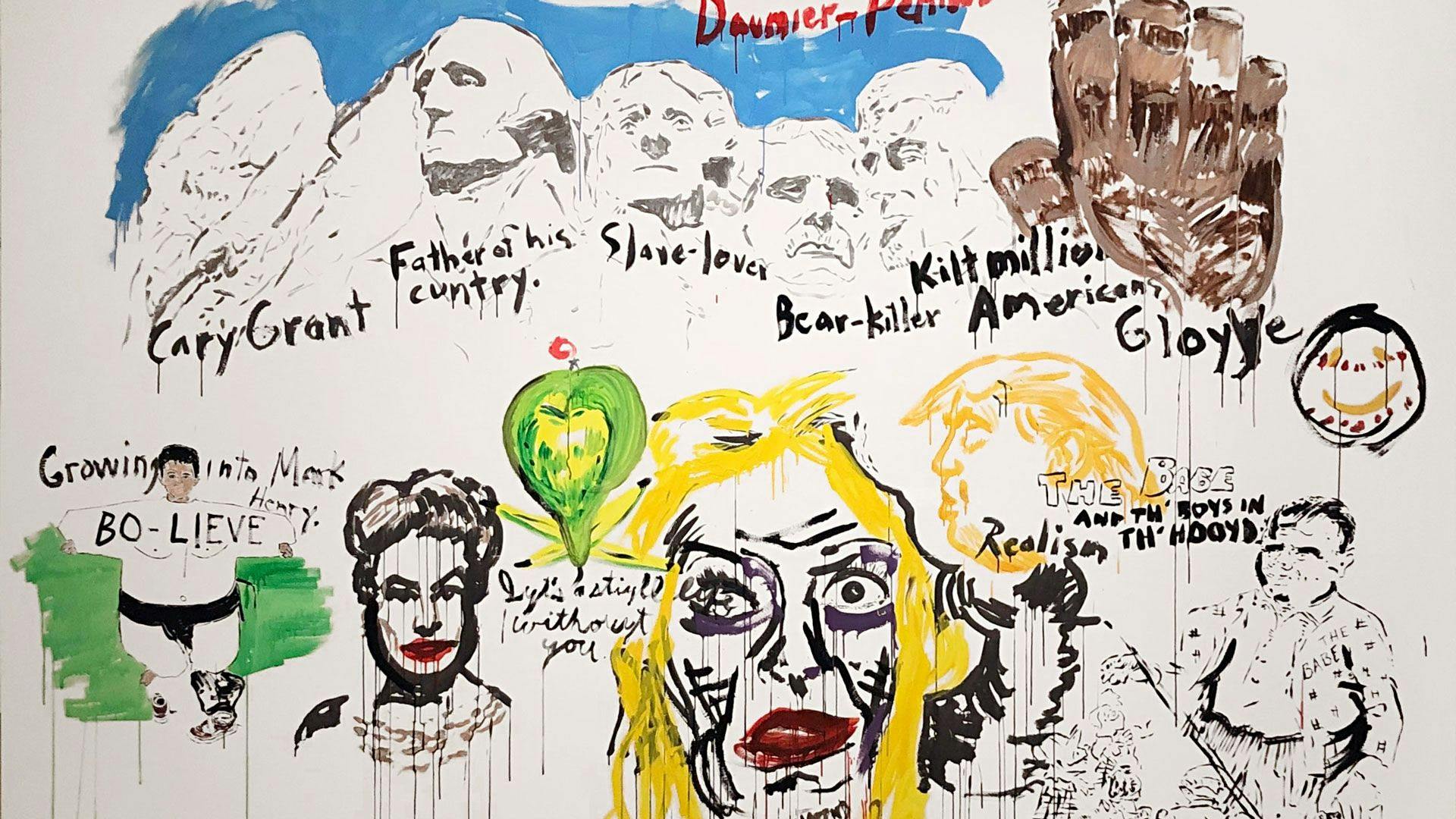 A detail from a mural by Raymond Pettibon, titled No Title (Daumier-Pettibon Father of...), dated 2019.