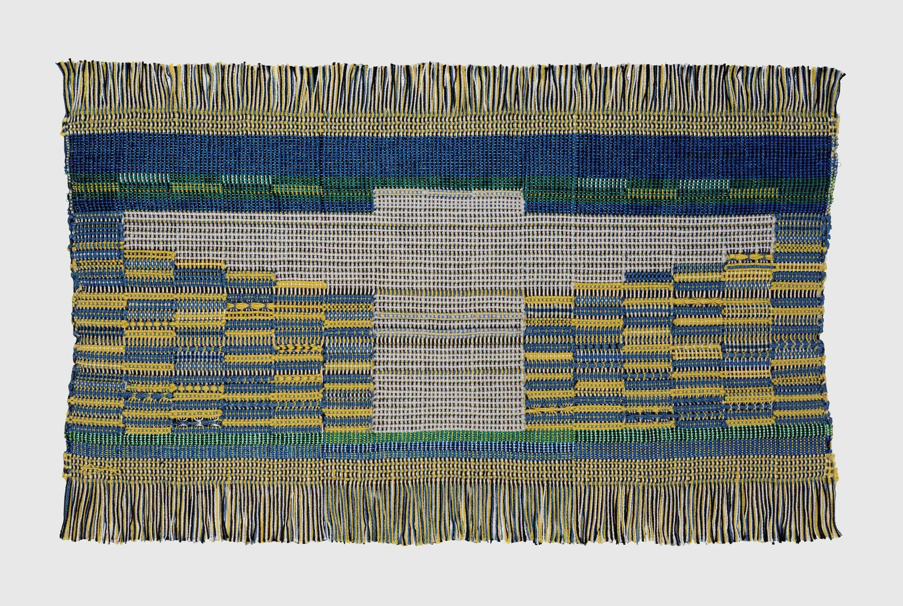 A textile by Anni Albers, titled Sheep May Safely Graze, dated 1958.