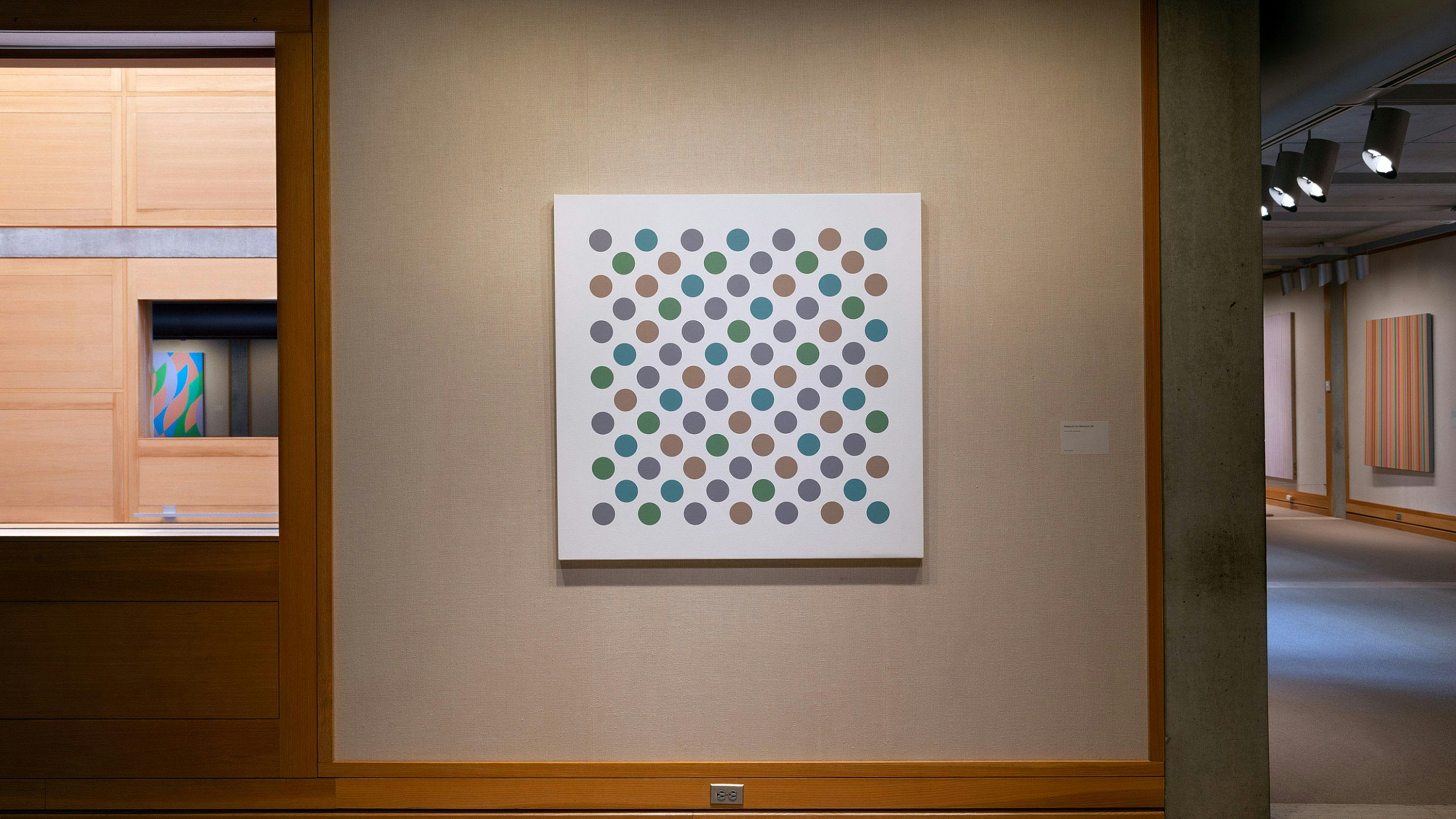 An installation view of the exhibition, Bridget Riley: Perceptual Abstraction, at the Yale Centre for British Arts, dated 2022.
