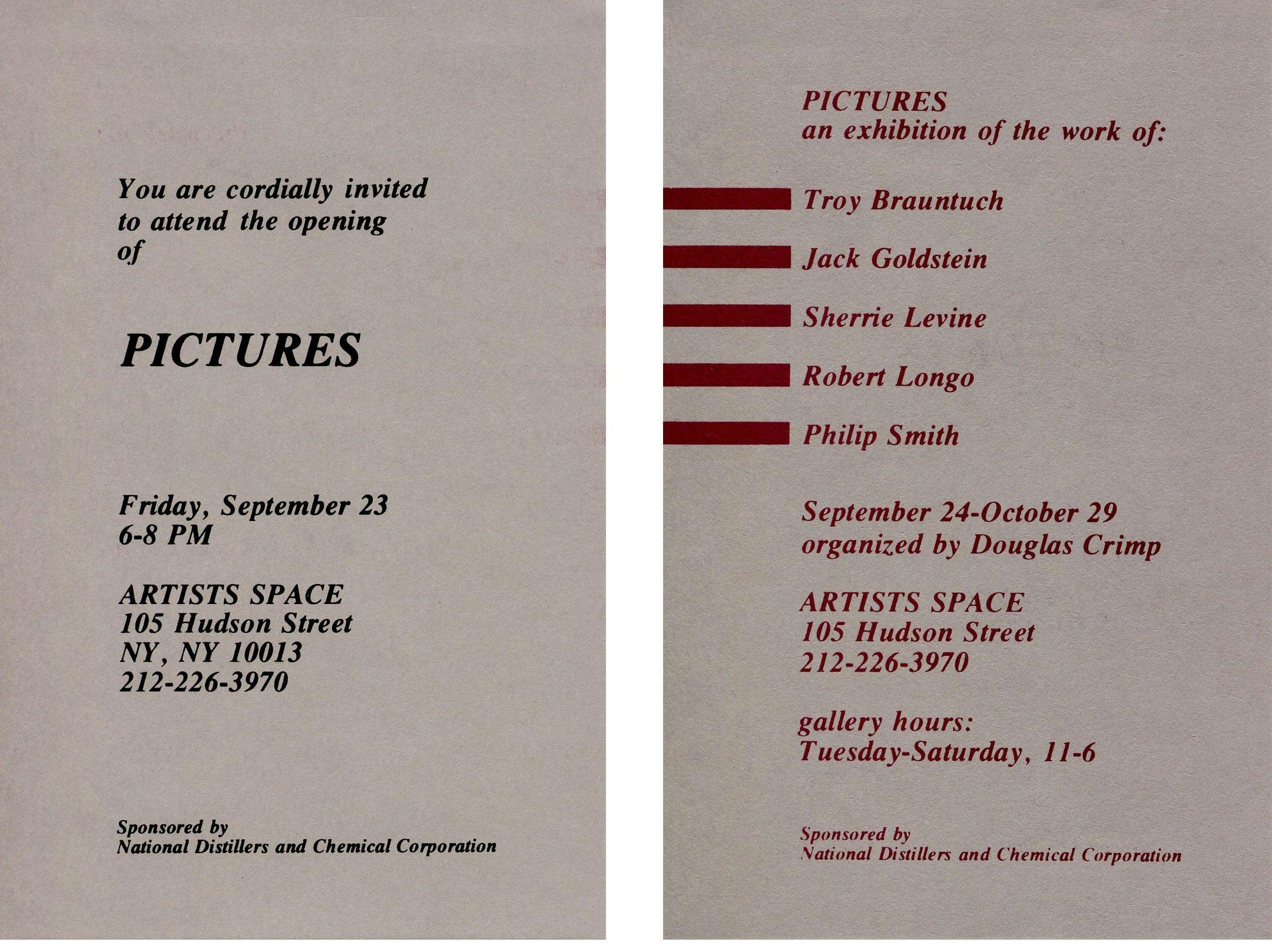 Exhibition flyer for the exhibition, Pictures, at Artists Space in New York, including Sherrie Levine, dated 1977.
