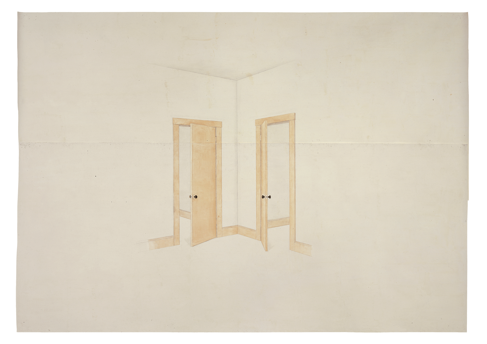 An oil and wax work on paper by Toba Khedoori, titled Untitled (doors), dated 1999.