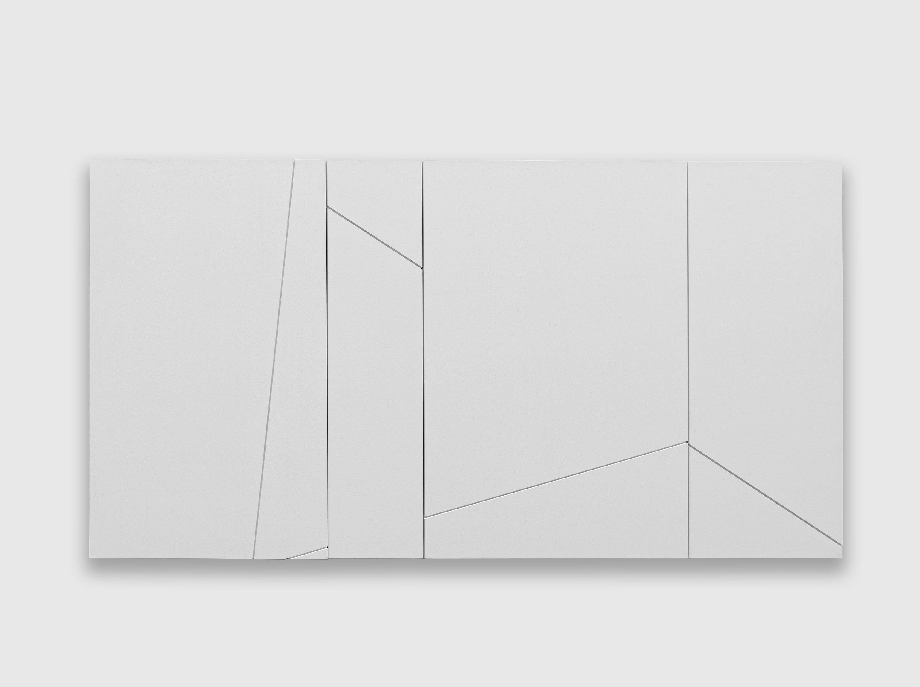 A white paint on four wooden panels artwork by Fred Sandback, titled Untitled (Sculptural Study, White Wall Relief), 2003 and 2006.