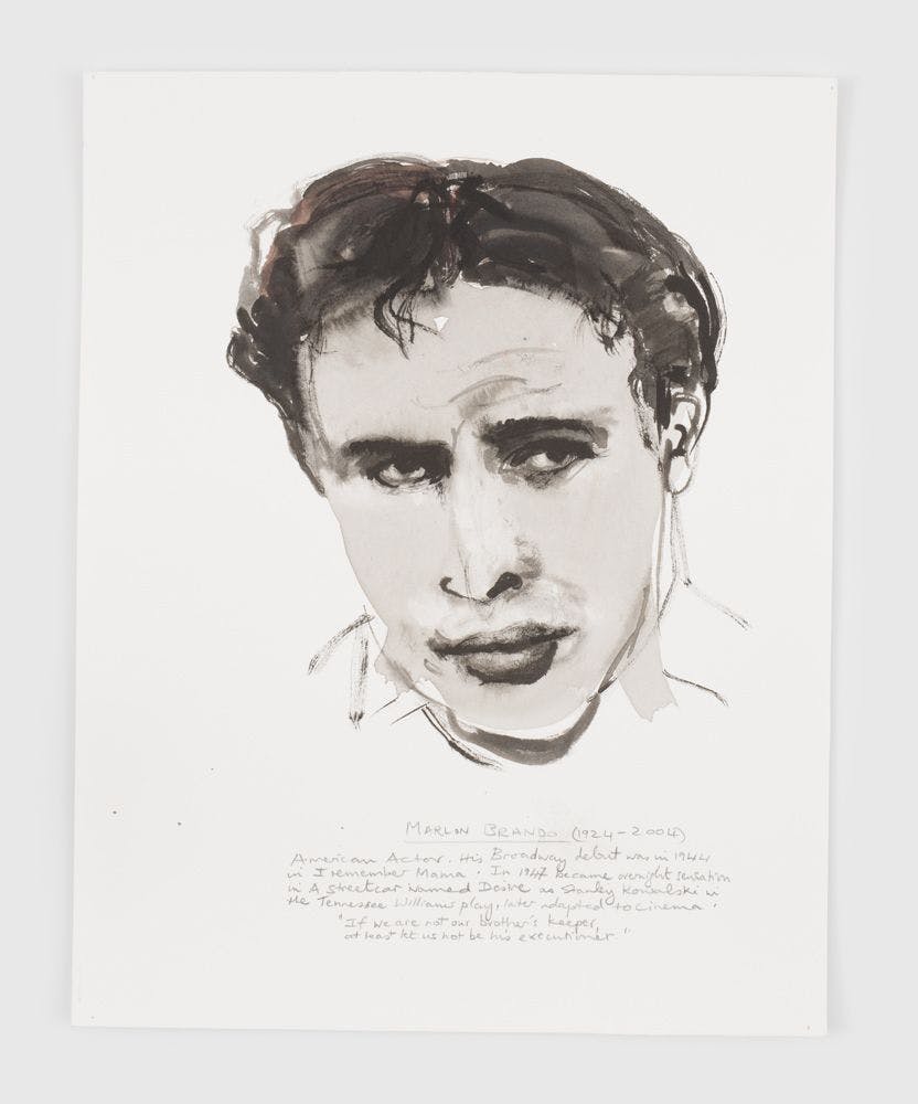 An ink, graphite, and metallic acrylic on paper artwork by Marlene Dumas, titled Marlon Brando, dated 2018.