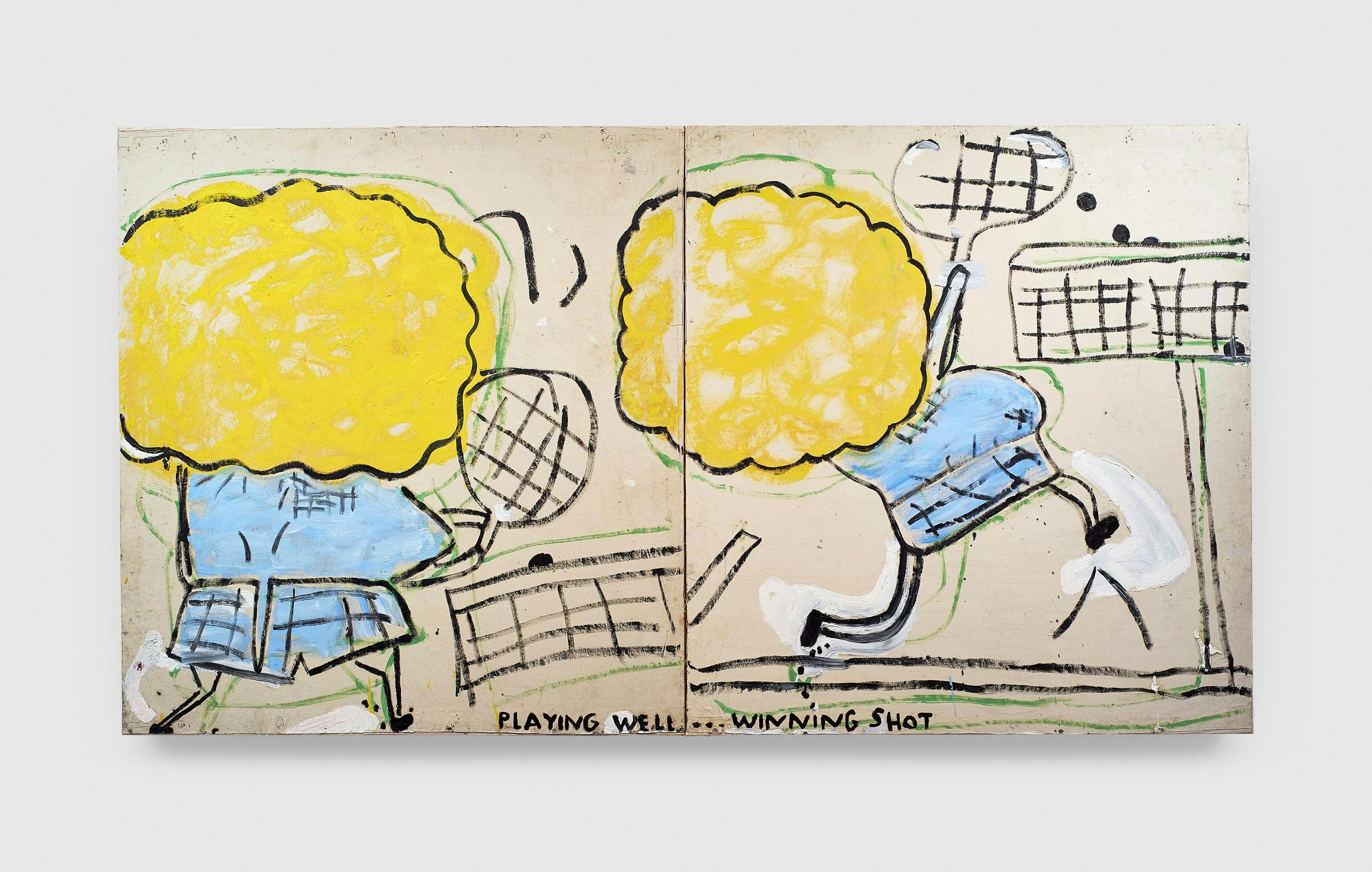 A painting by Rose Wylie, titled Playing Well, dated 2016.