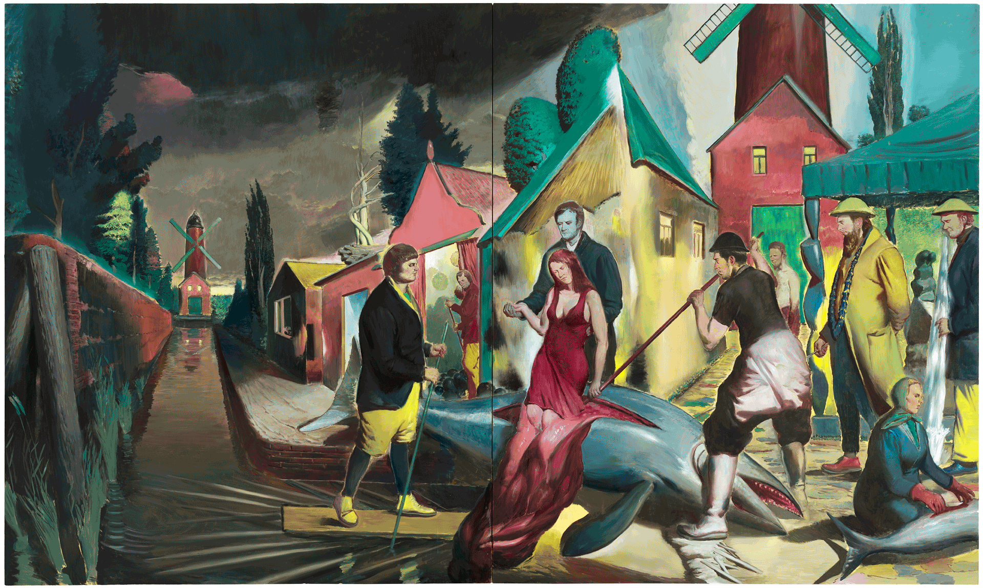 A painting by Neo Rauch, titled Der Blaue Fisch, dated 2014.