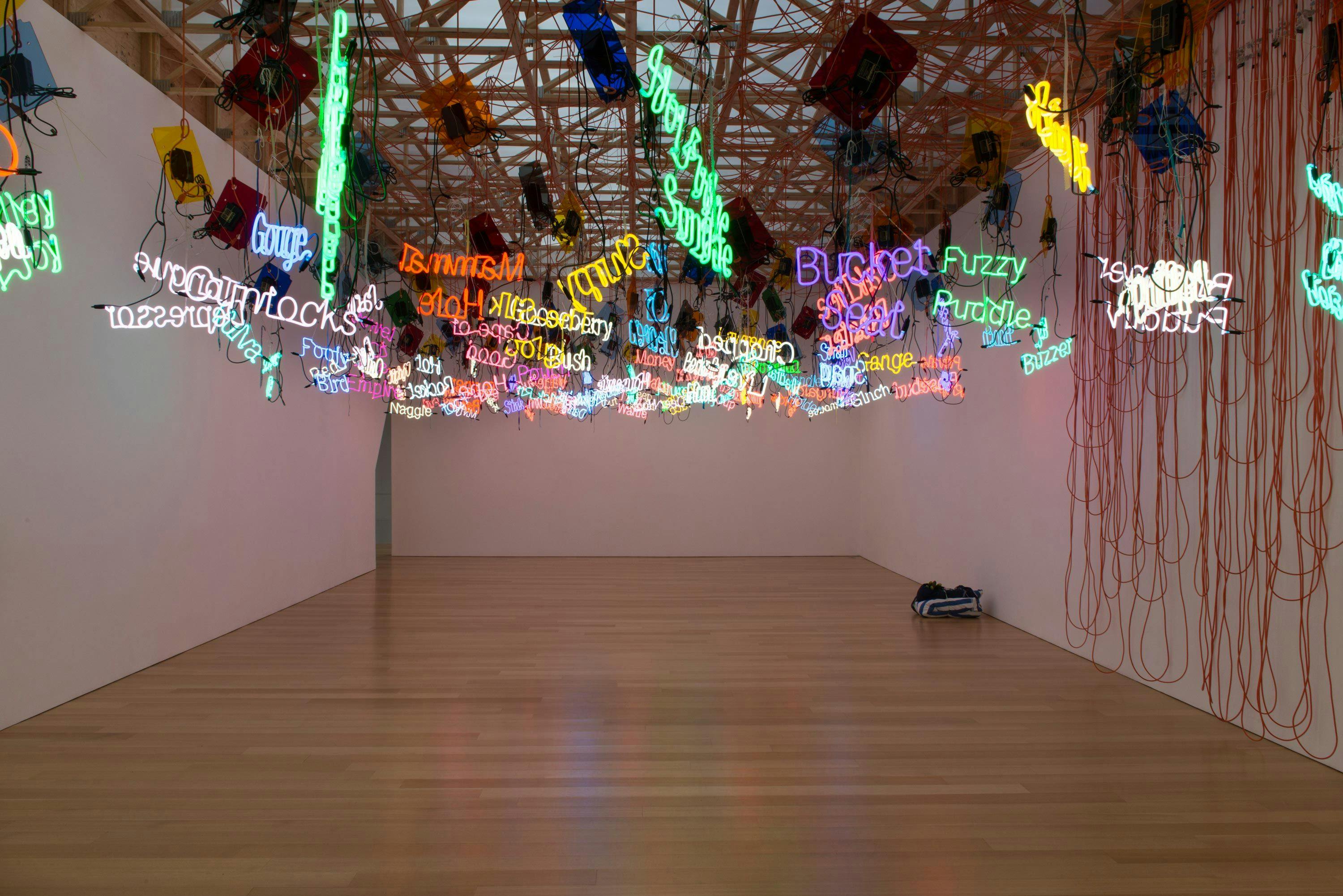 An installation view of the exhibition, Jason Rhoades, at The Brant Foundation in New York, dated 2017.