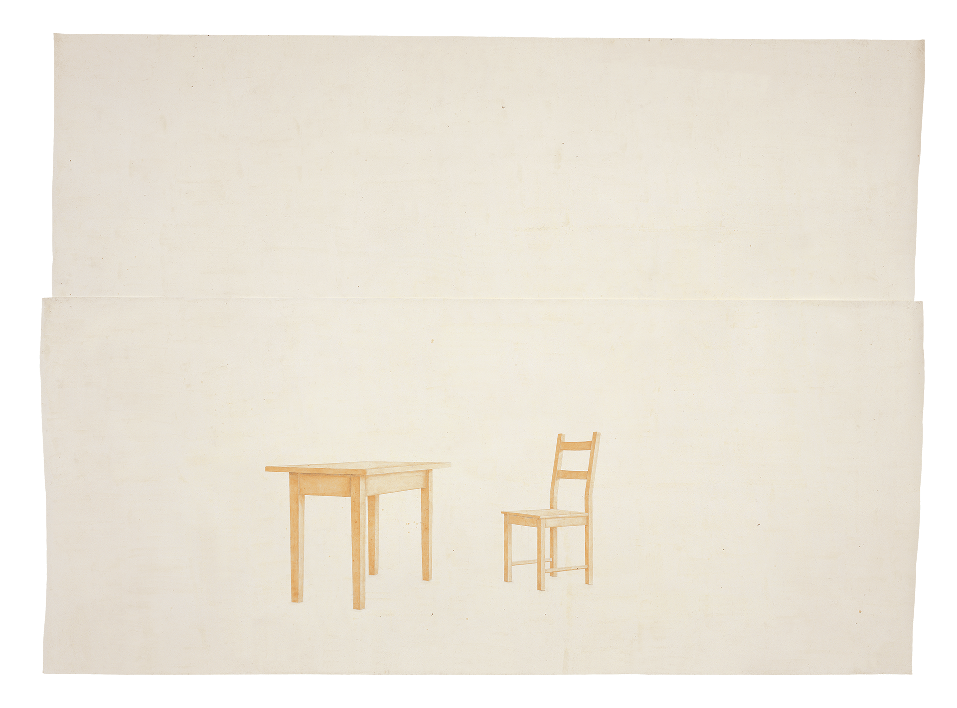 An oil and wax work on paper by Toba Khedoori, titled Untitled (table and chair), dated 1999.