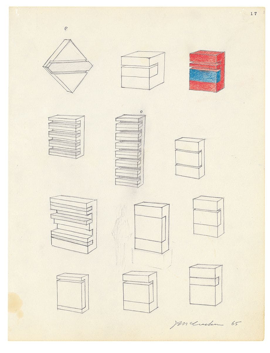 A pencil drawing on paper by John McCracken, titled Untitled (page 17), dated 1965.