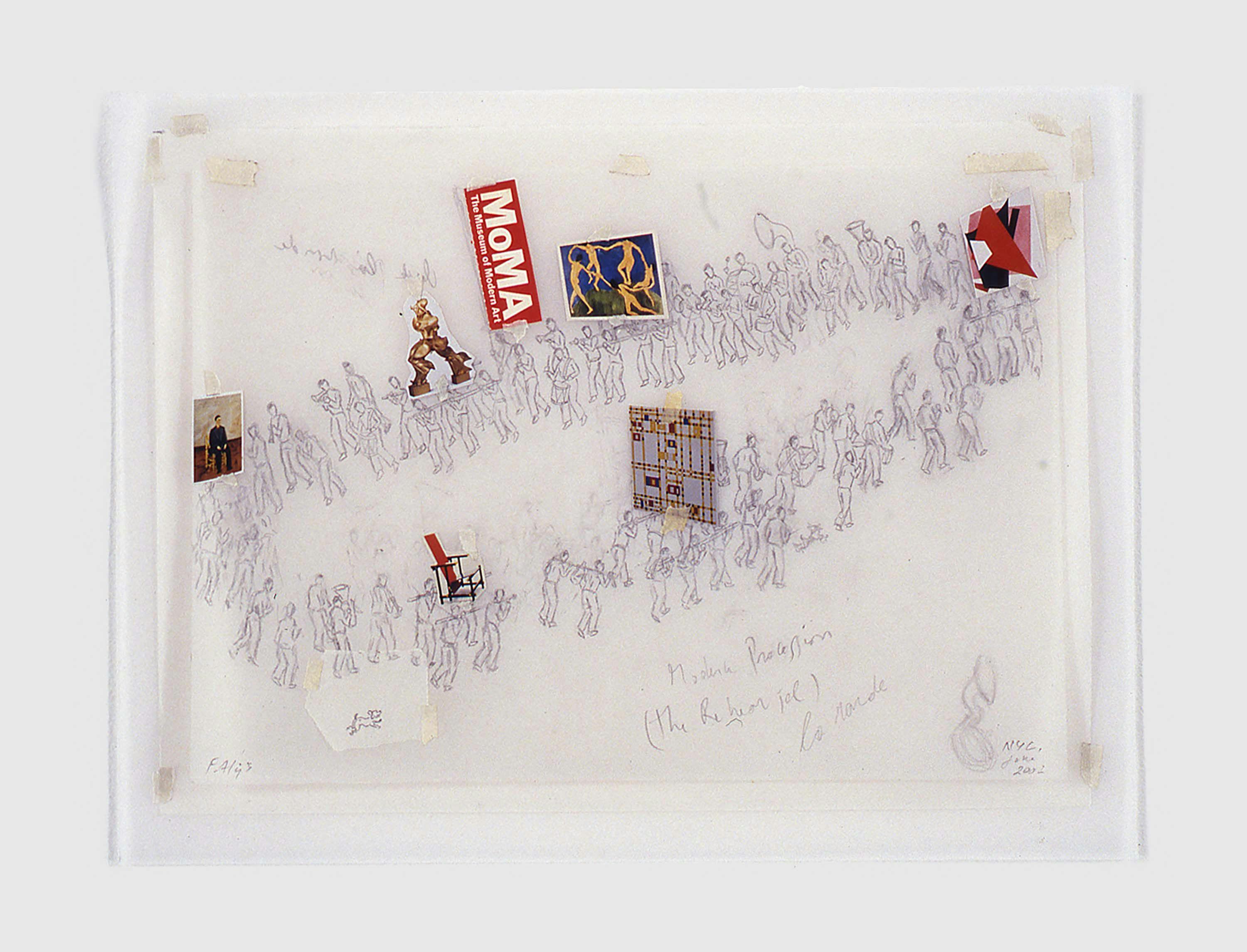A drawing from a work by Francis Al√øs, titled The Modern Procession, dated 2002.