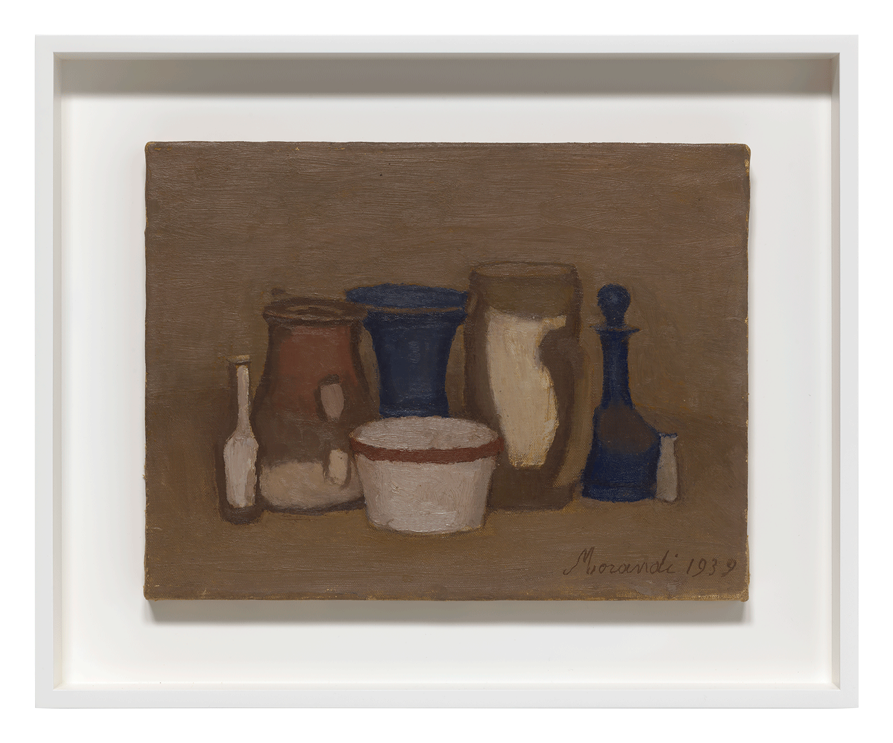 An oil painting on canvas by Giorgio Morandi, titled Natura morta (Still Life), dated 1939.