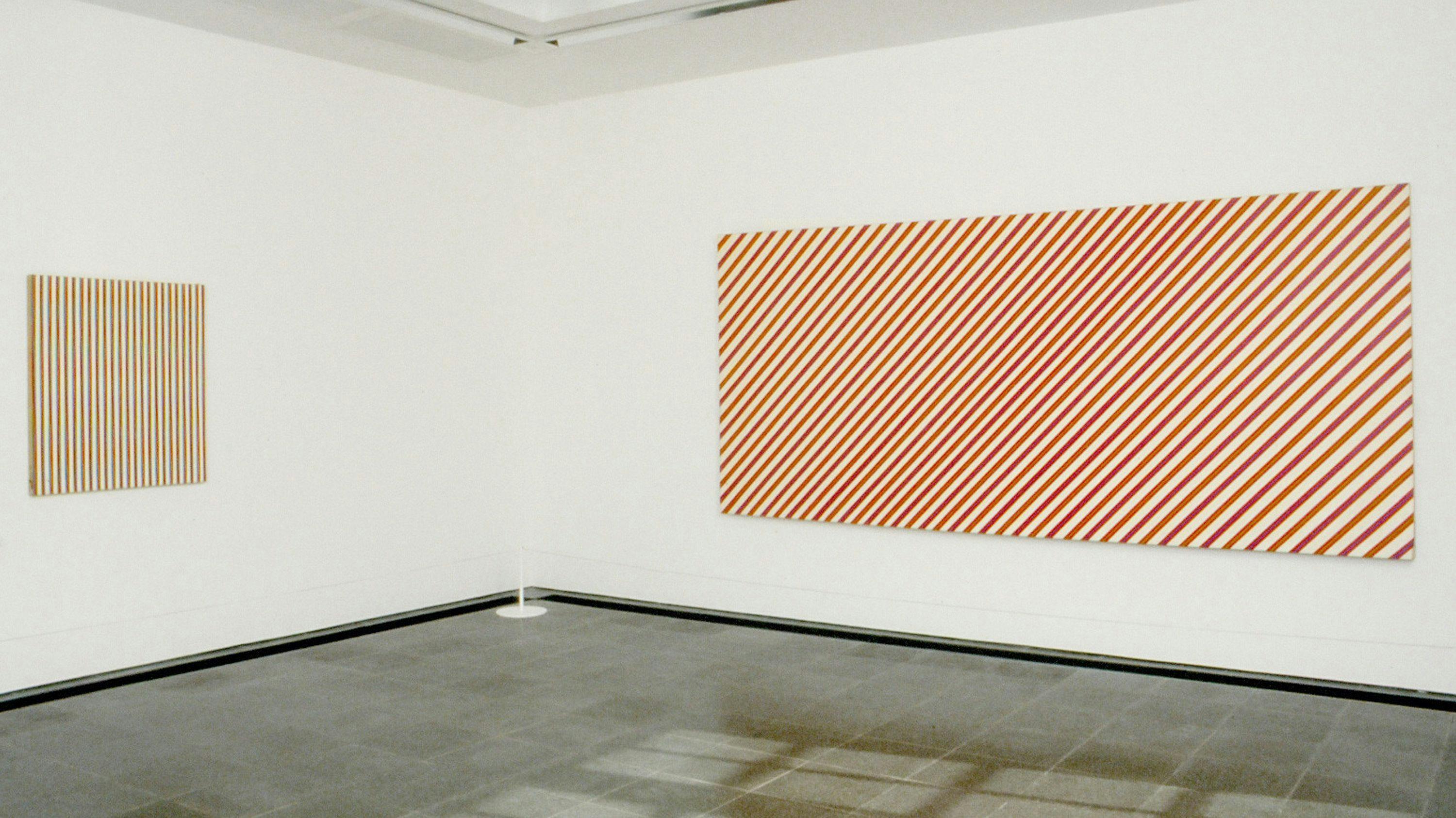 An installation view of the exhibition, Bridget Riley: Paintings from the 1960s and 70s, at Serpentine Gallery in London, dated 1999.