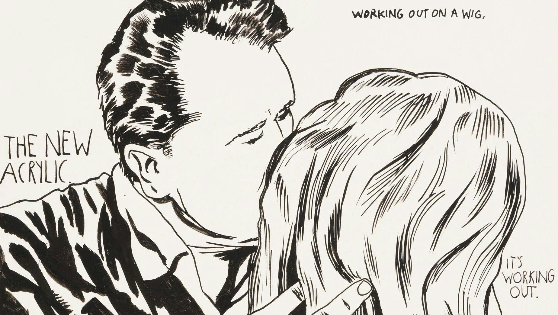 A drawing by Raymond Pettibon titled, No Title (The new acrylic...), dated 1984.