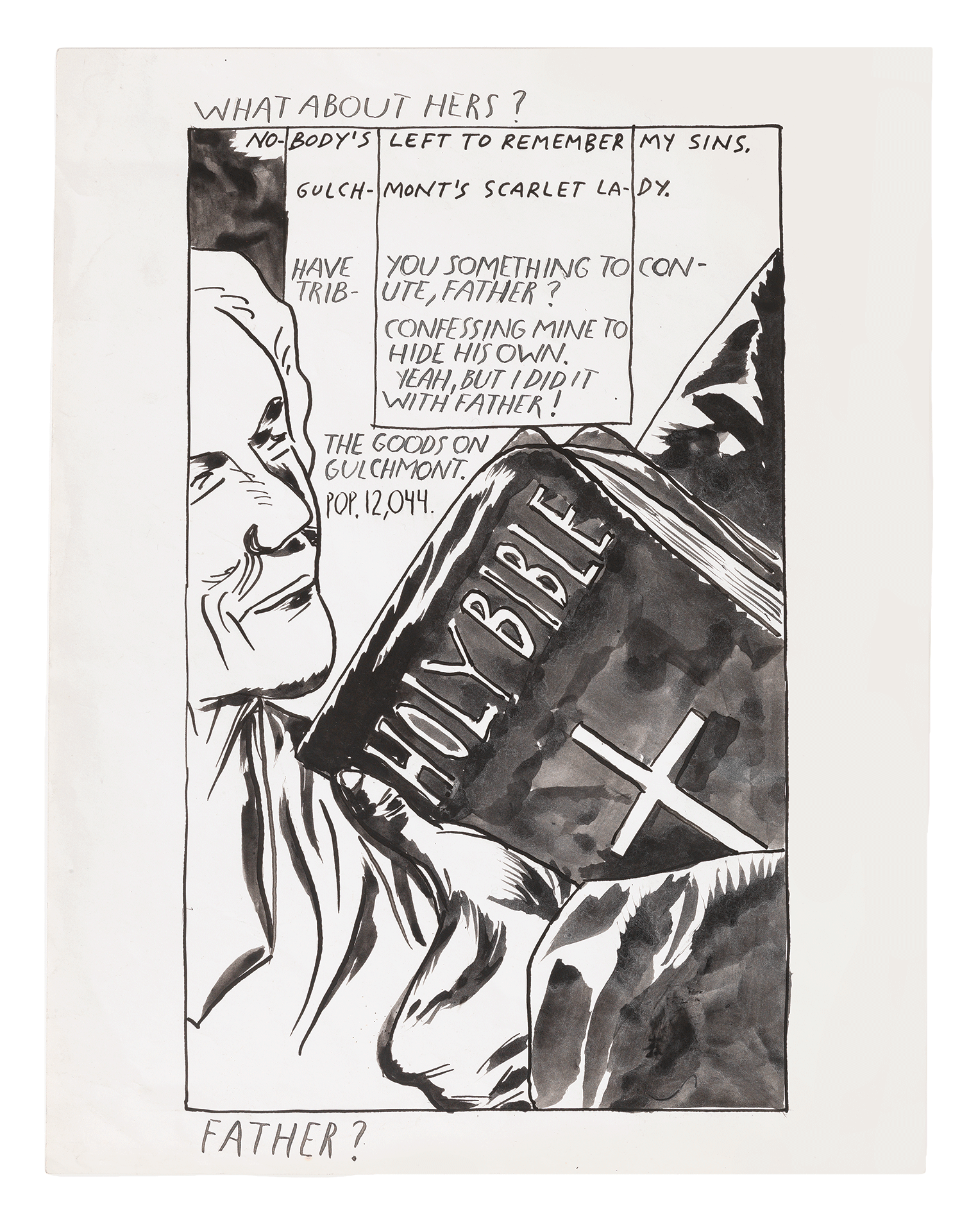 A drawing by Raymond Pettibon titled No Title (What about hers?...), dated 1986.