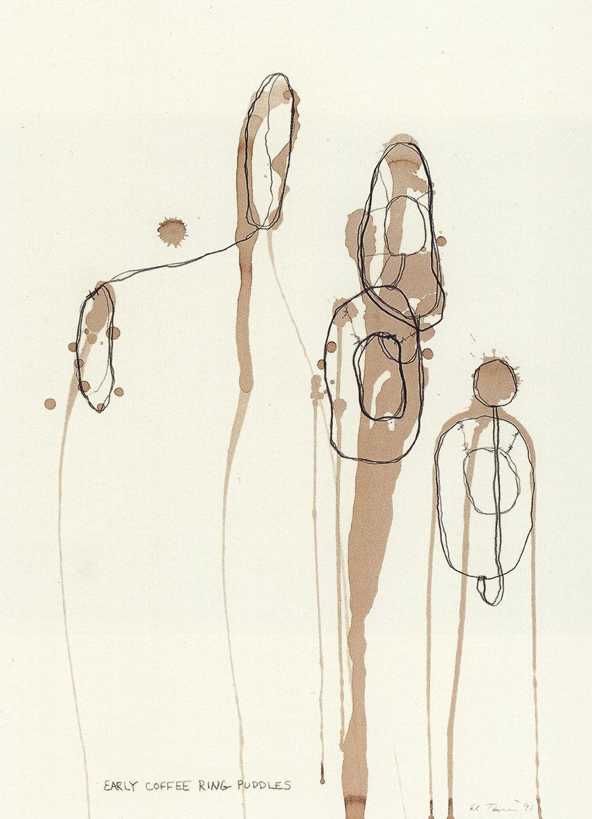 A mixed media work on paper by Al Taylor, titled Early Coffee Ring Puddles, dated 1991.