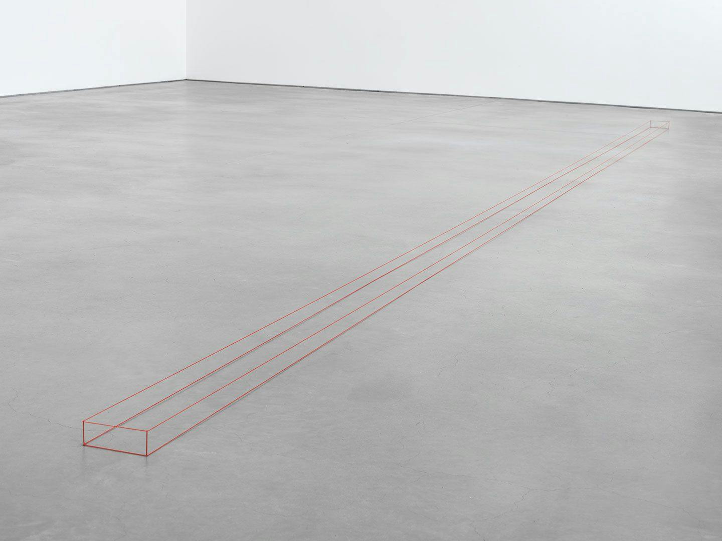 A mixed media sculpture by Fred Sandback, titled Untitled (Red Floor Piece), dated 1967.