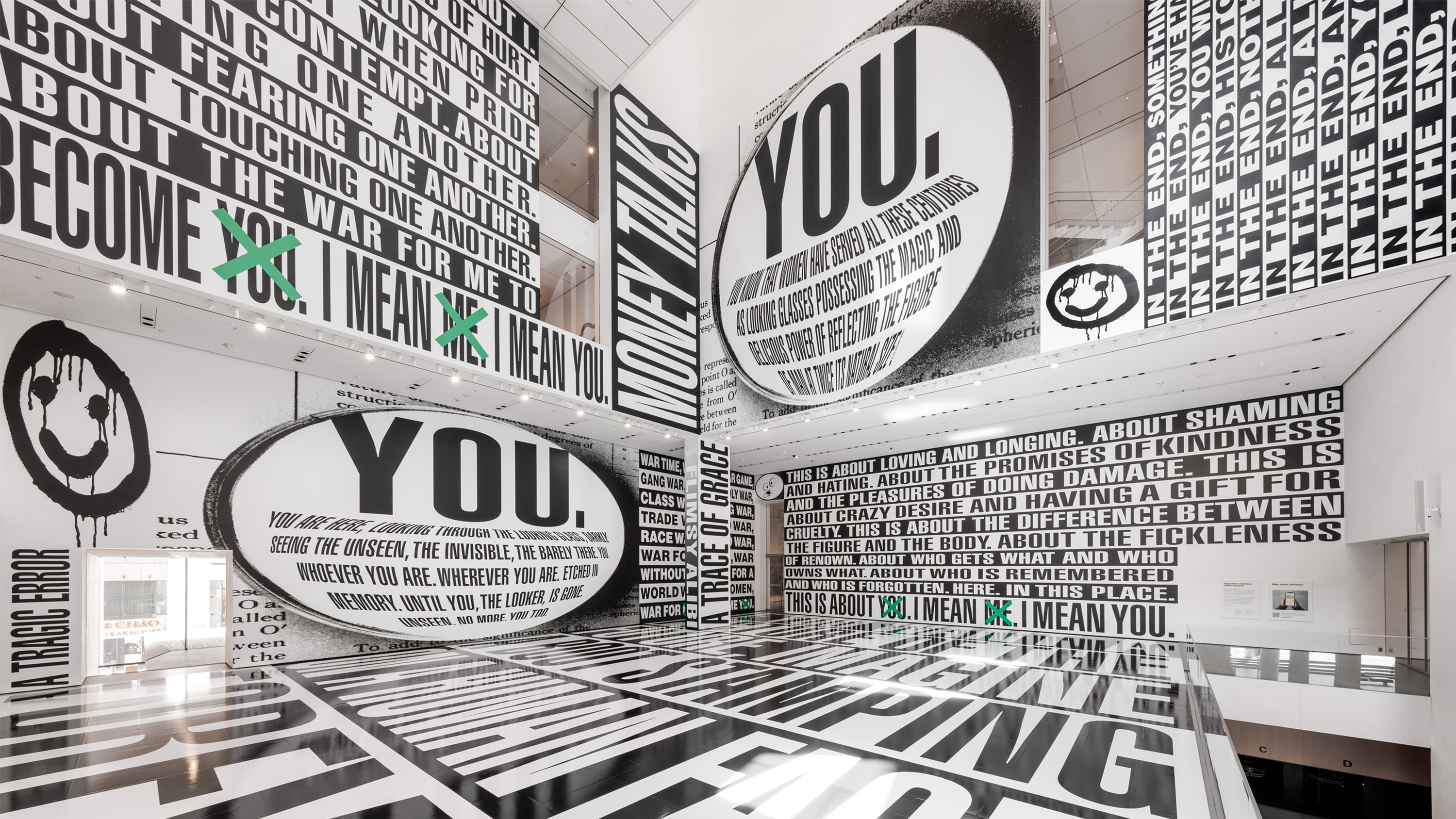 An installation view of Barbara Kruger's large-scale site-specific commission at The Museum of Modern Art, from 2022 through 2023