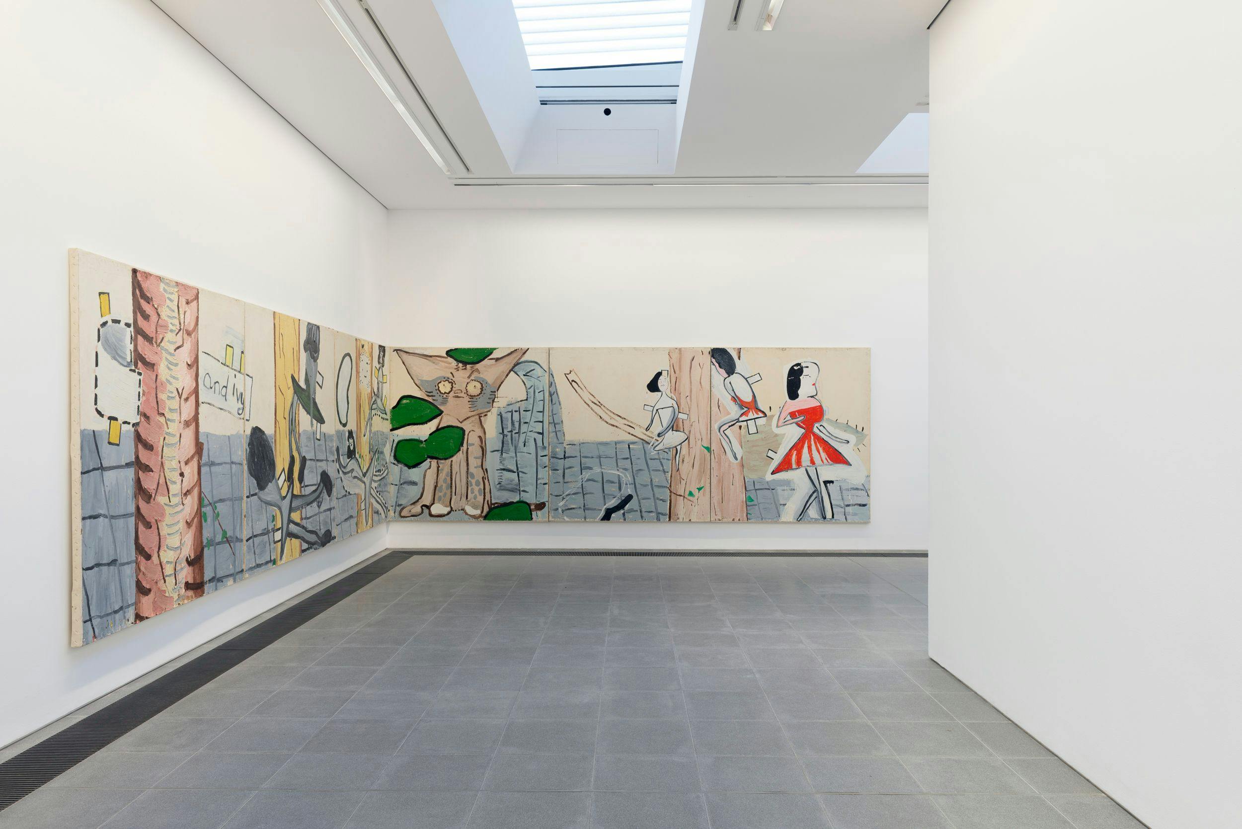 Installation view of the exhibition, Rose Wylie: Quack Quack, at Serpentine North Gallery in London, dated 2017 to 2018.