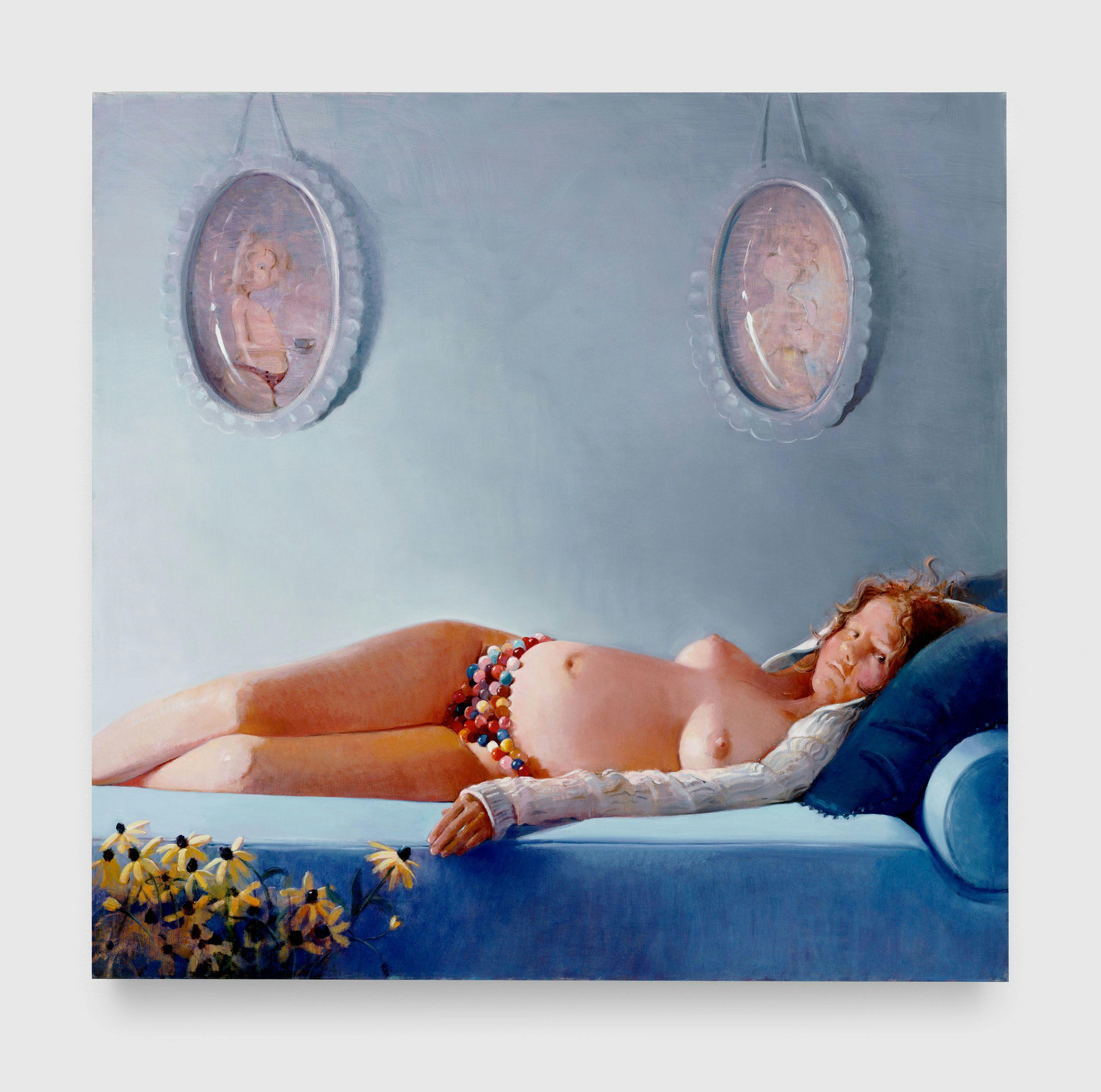 A painting by Lisa Yuskavage, titled Couch, dated 2003.