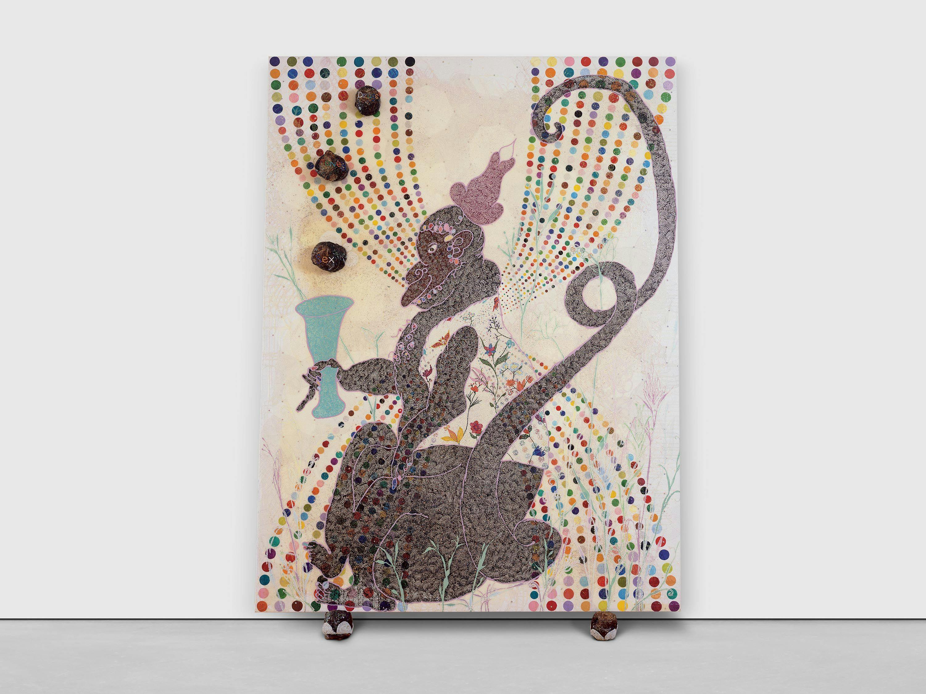 A mixed media artwork by Chris Ofili, titledMonkey Magic - Sex, Money and Drugs, dated 1999.
