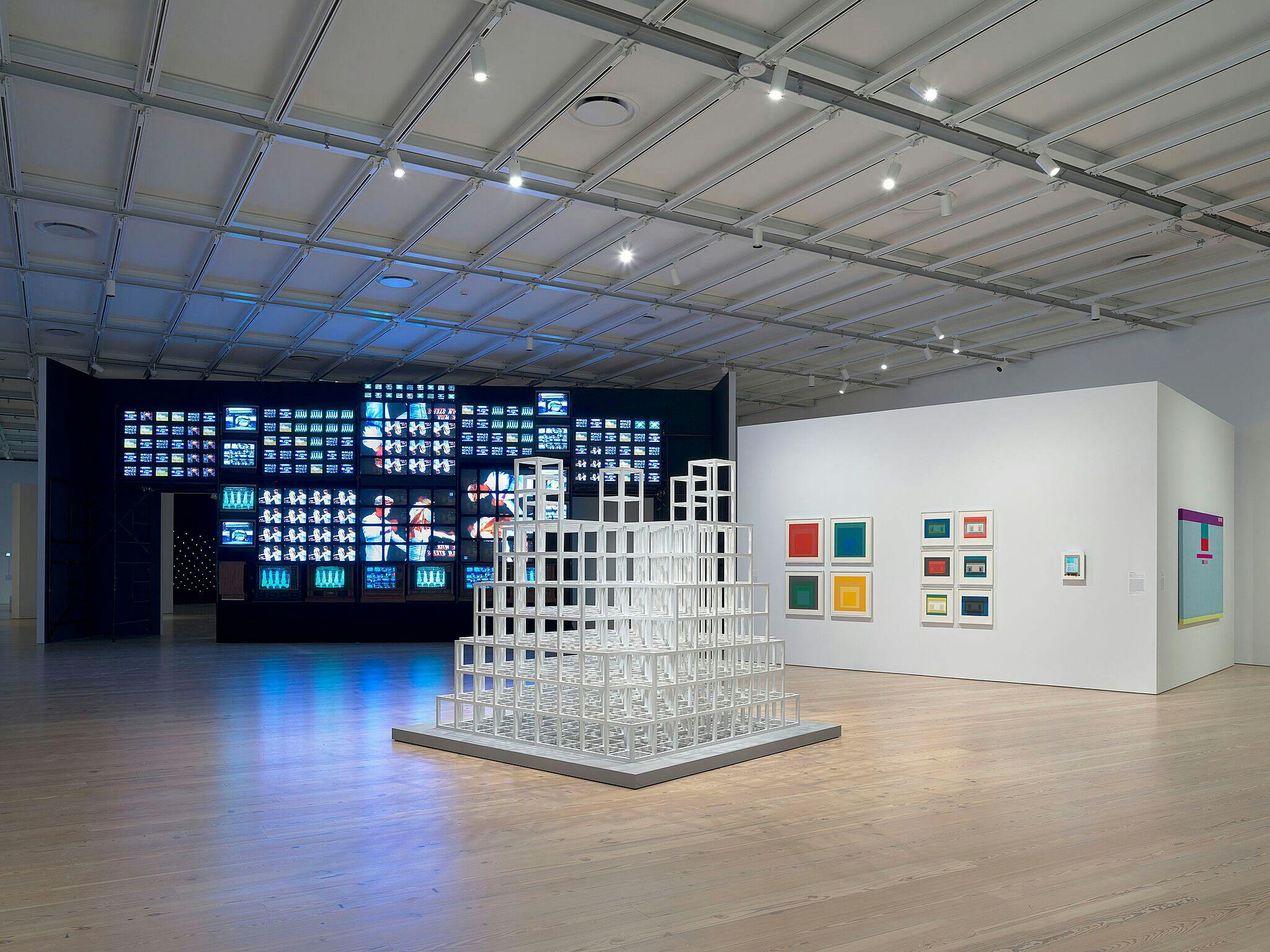 An installation view featuring works by Josef Albers in Programmed: Rules, Codes, and Choreographies in Art, 1965–2018 at the Whitney Museum of American Art in New York, dated 2018