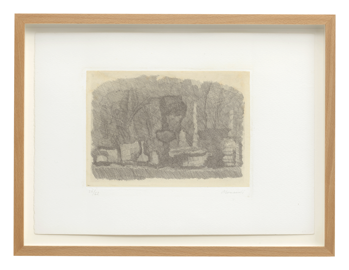 An etching on paper by Giorgio Morandi, titled Natura morta di vasi, bottiglie ecc. su un tavolo (Still life of vases, bottles, etc. on a table), circa 1950.