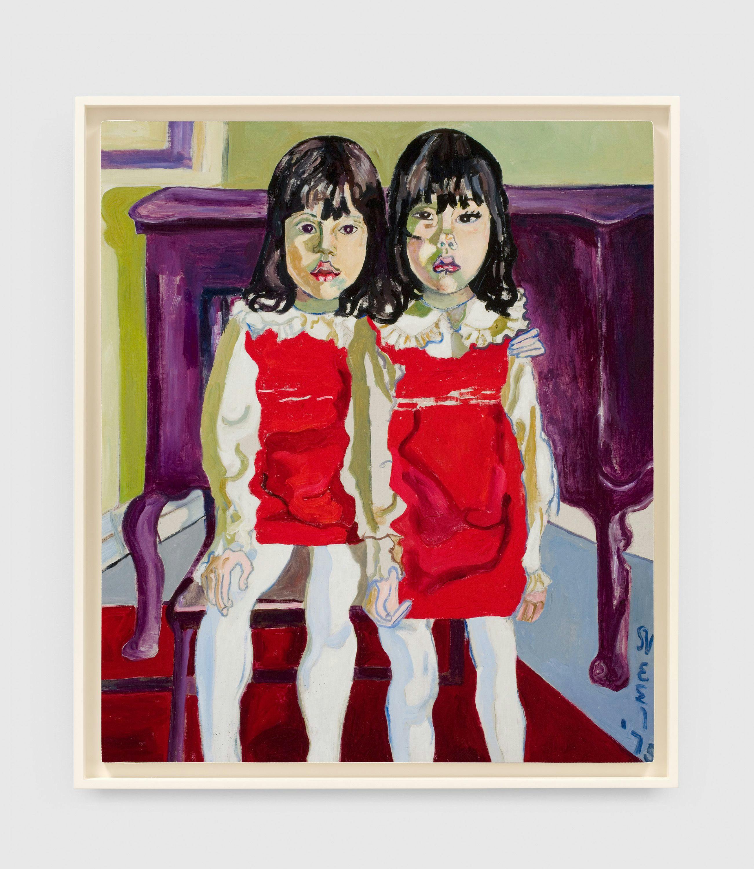 A painting by Alice Neel, titled The De Vegh Twins, dated 1975.