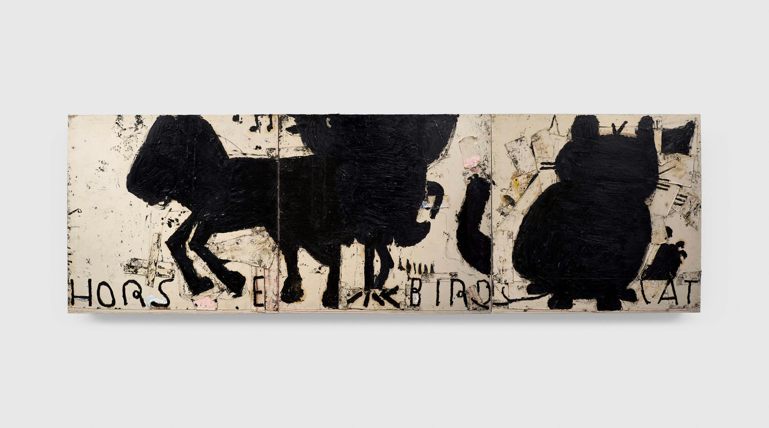 A painting by Rose Wylie, titled Black Painting; Horse, Bird, Cat, dated 2016.