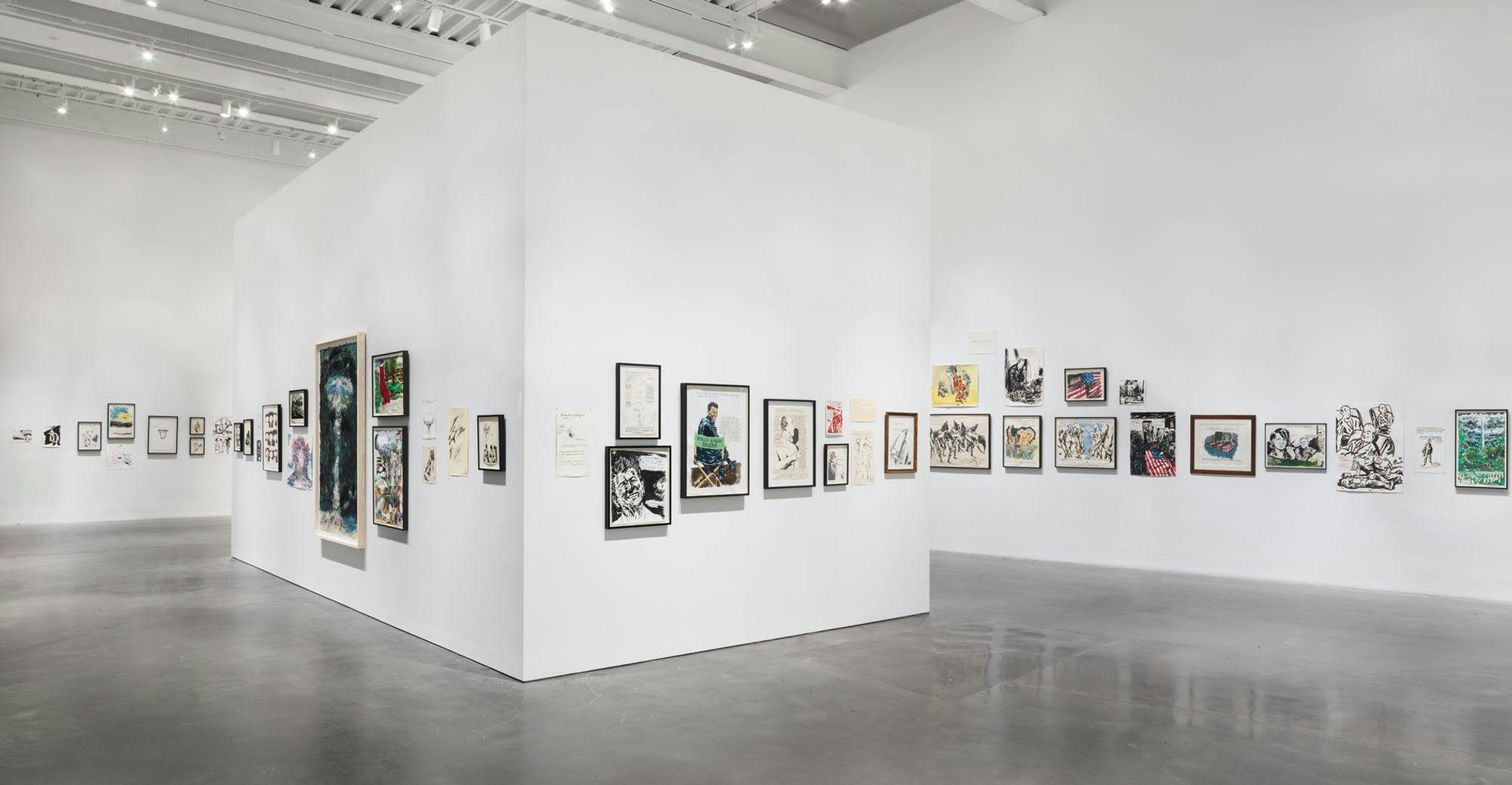 An installation view of drawings by Raymond Pettibon on view at the New Museum of Art, New York, 2017
