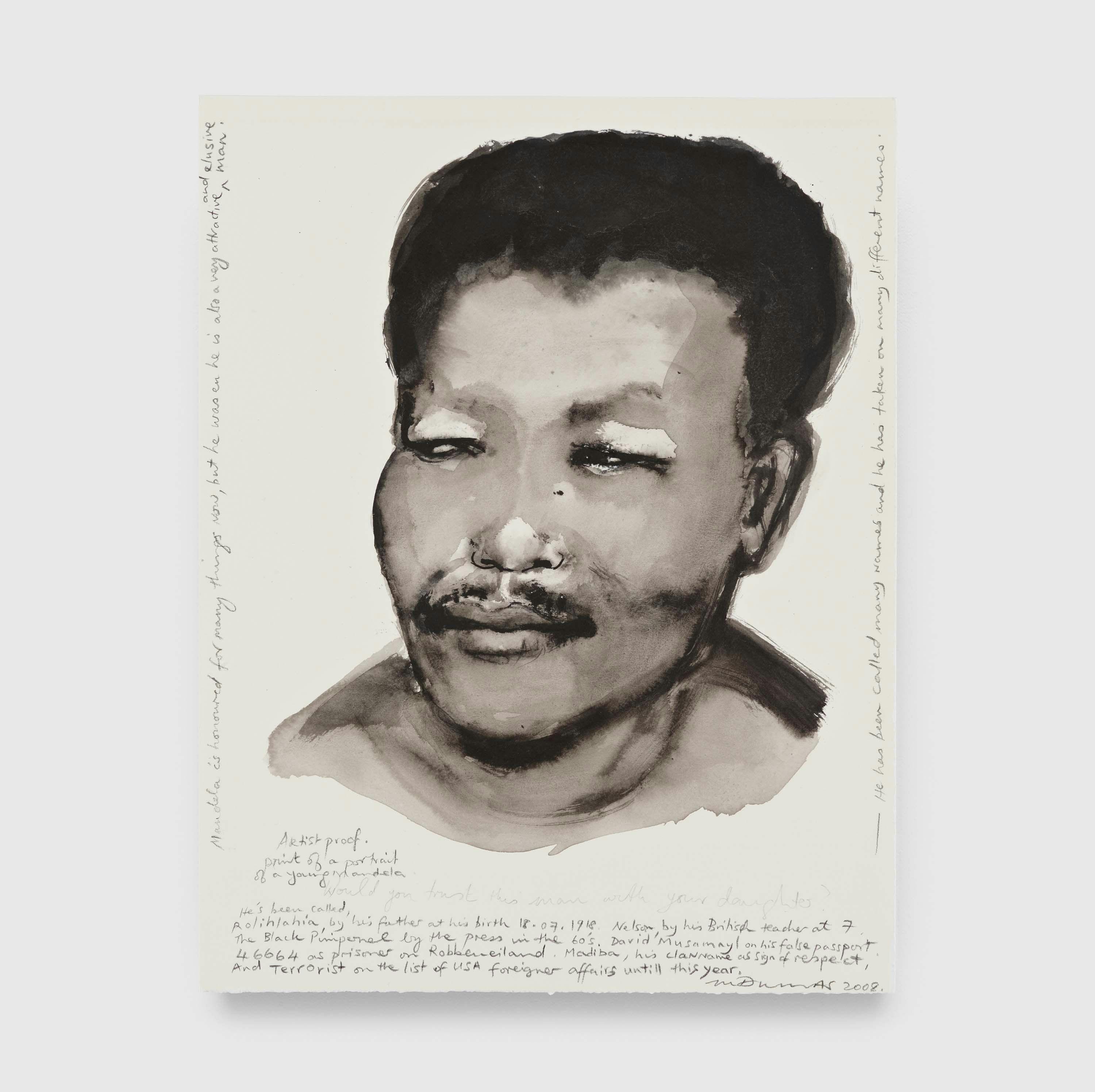 A painting by Marlene Dumas, titled Portrait of a young Mandela, dated 2008.