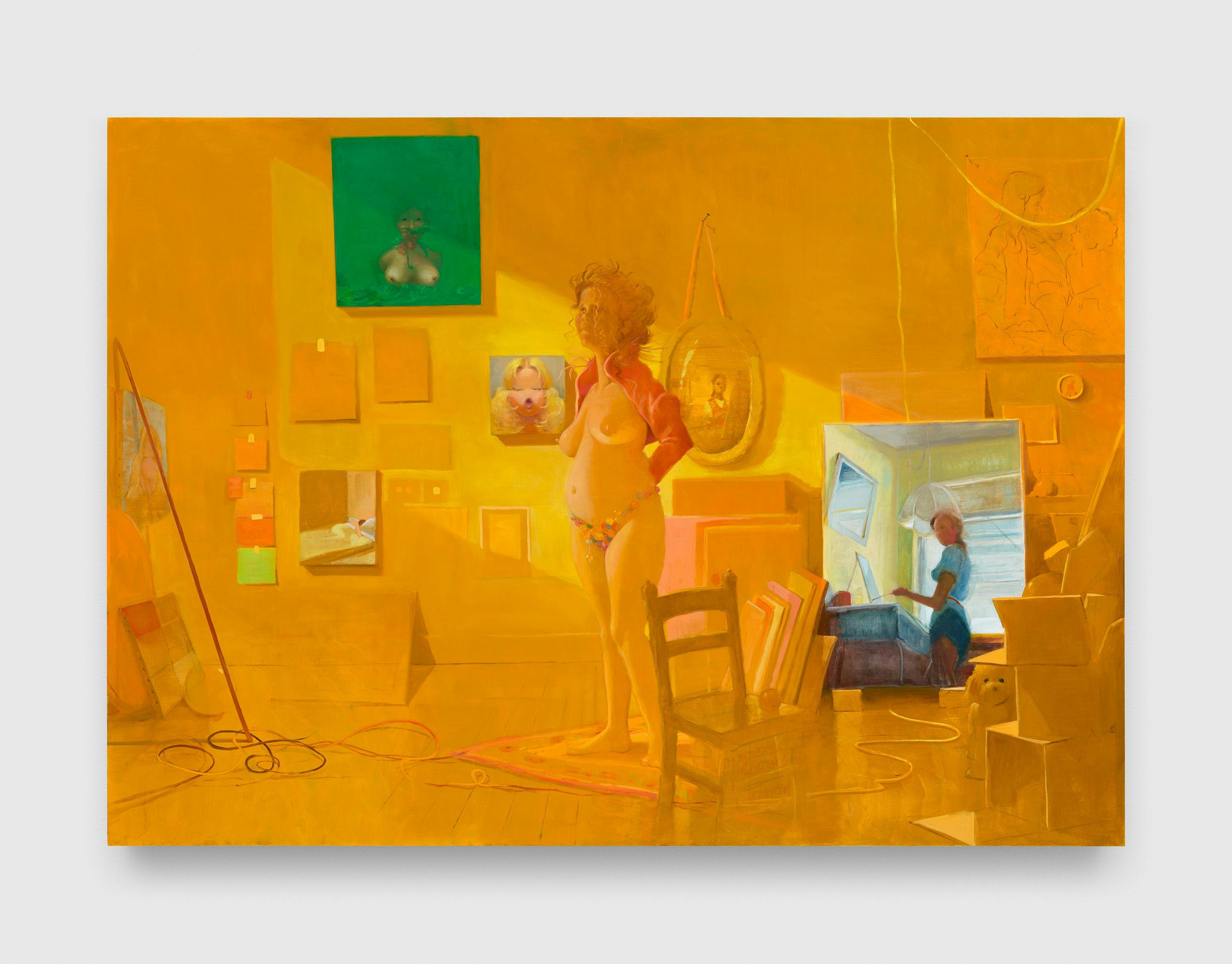 A painting by Lisa Yuskavage, titled Golden Studio, dated 2023.