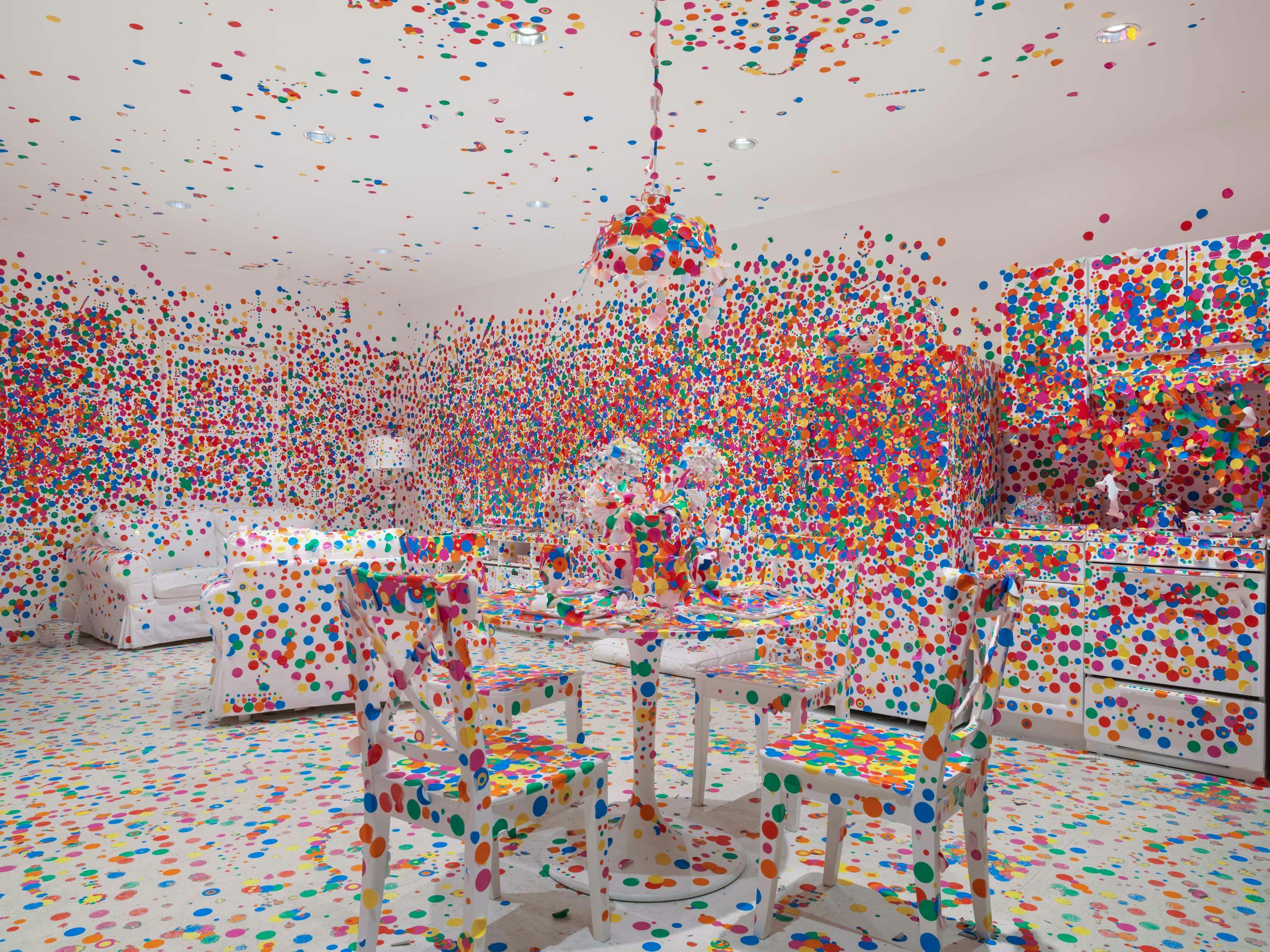 An installation by Yayoi Kusama, titled The obliteration room, dated 2002-present.