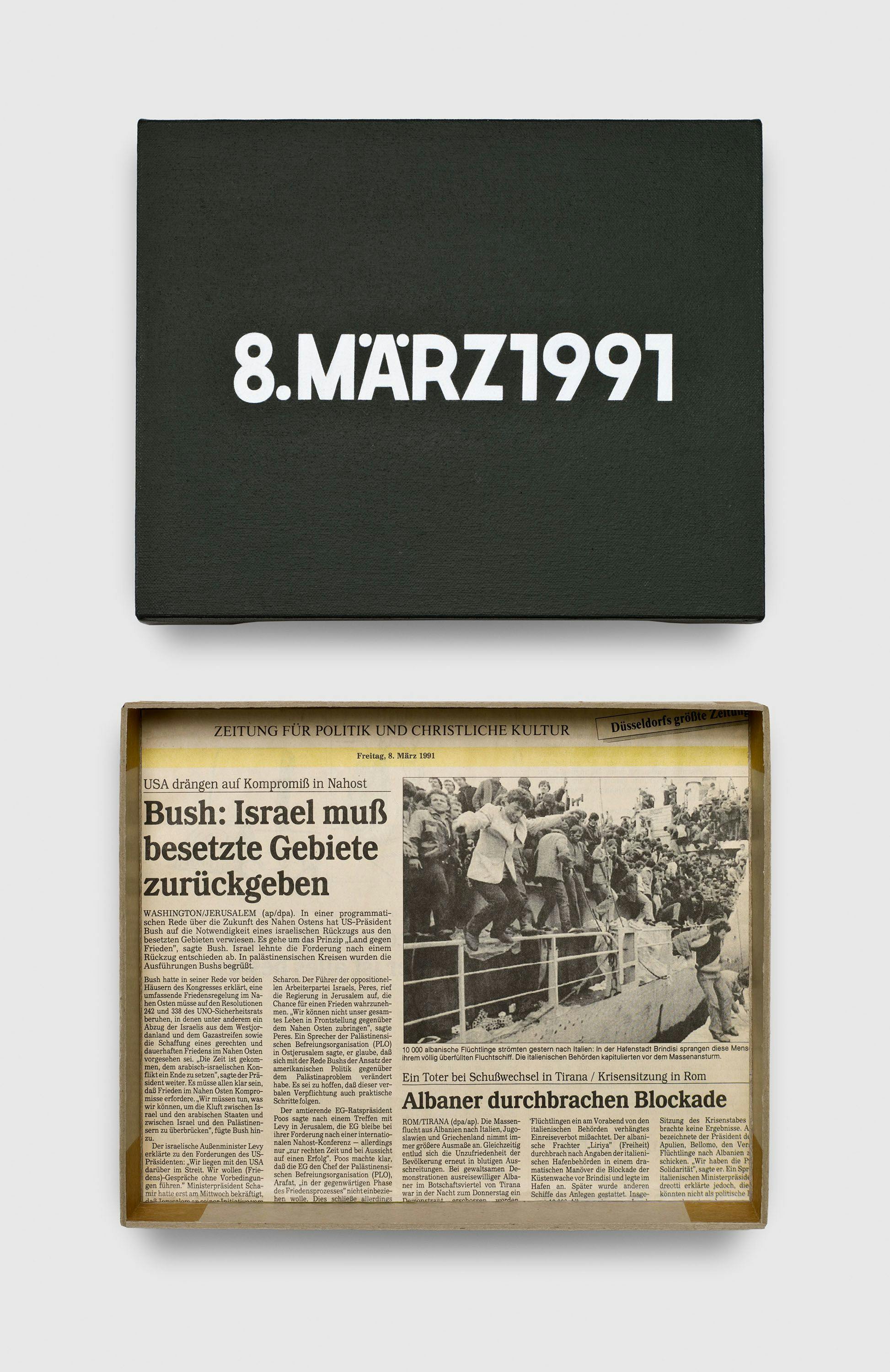 An untitled painting by On Kawara, titled 8. M√ÑRZ 1991, dated 1991.