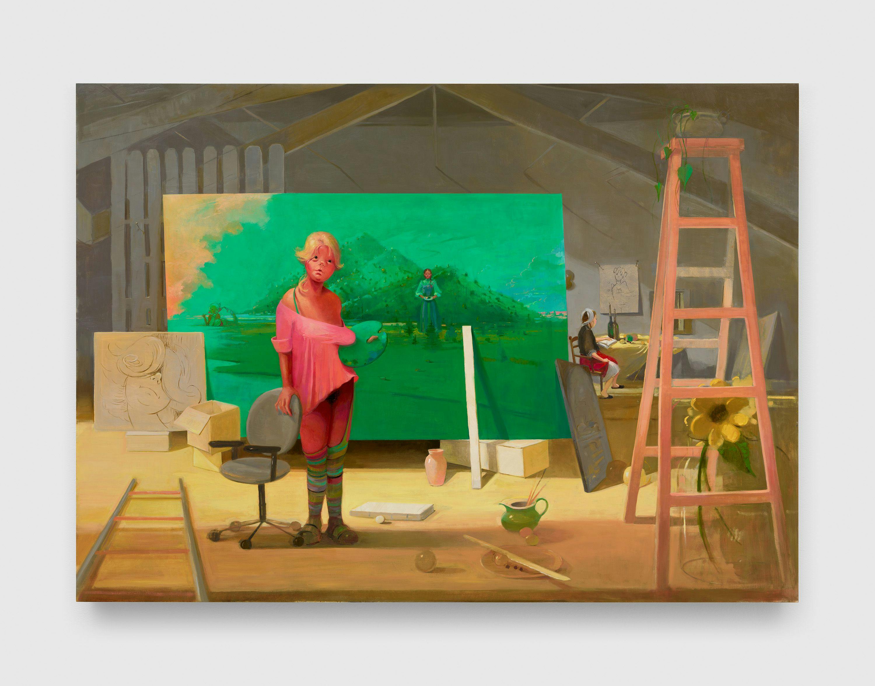 A painting by Lisa Yuskavage, titled The Artist's Studio, dated 2022.