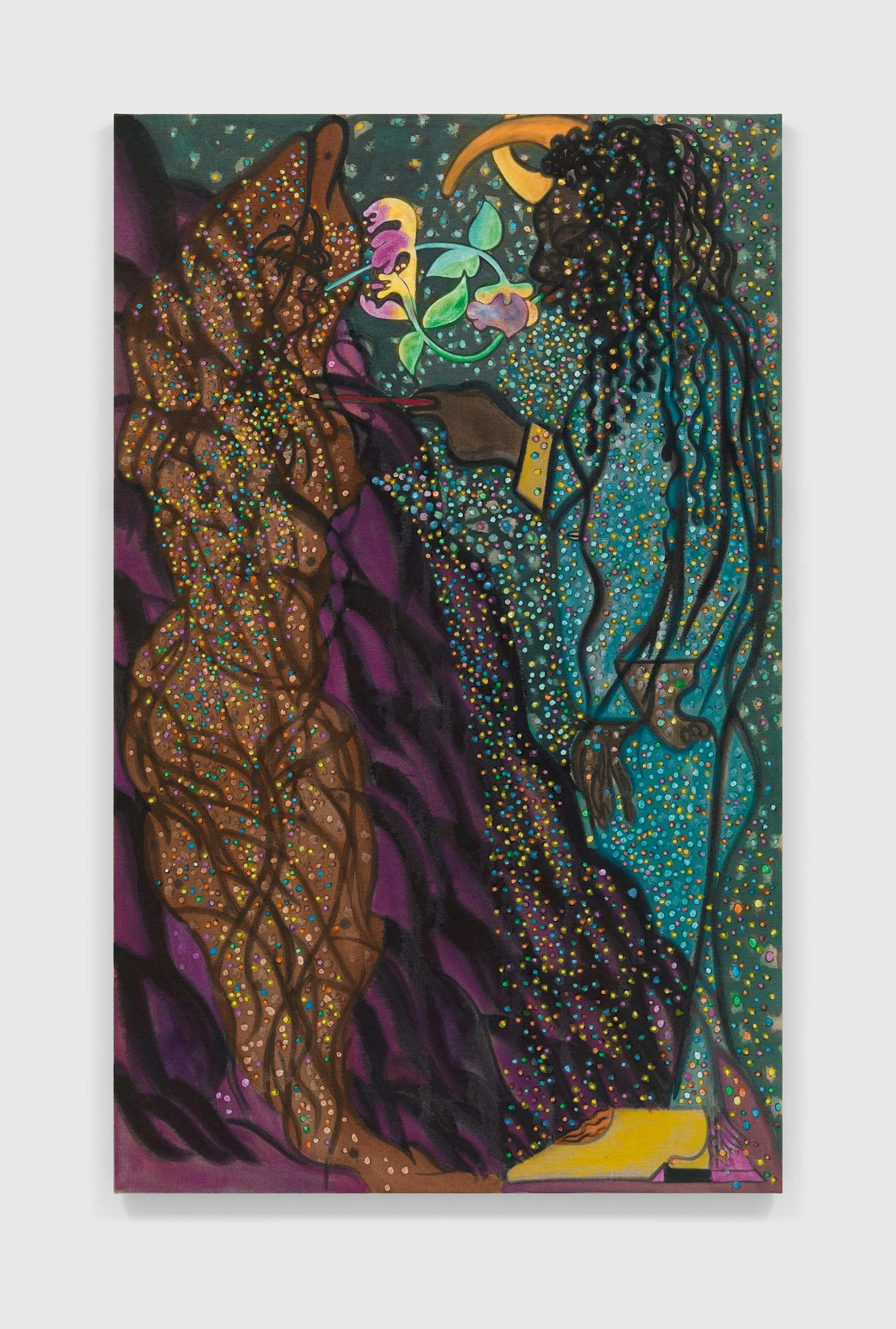 An oil and charcoal on linen painting by Chris Ofili, titled Waterfall - artist & muse (after Boscoe Holder), dated 2022.