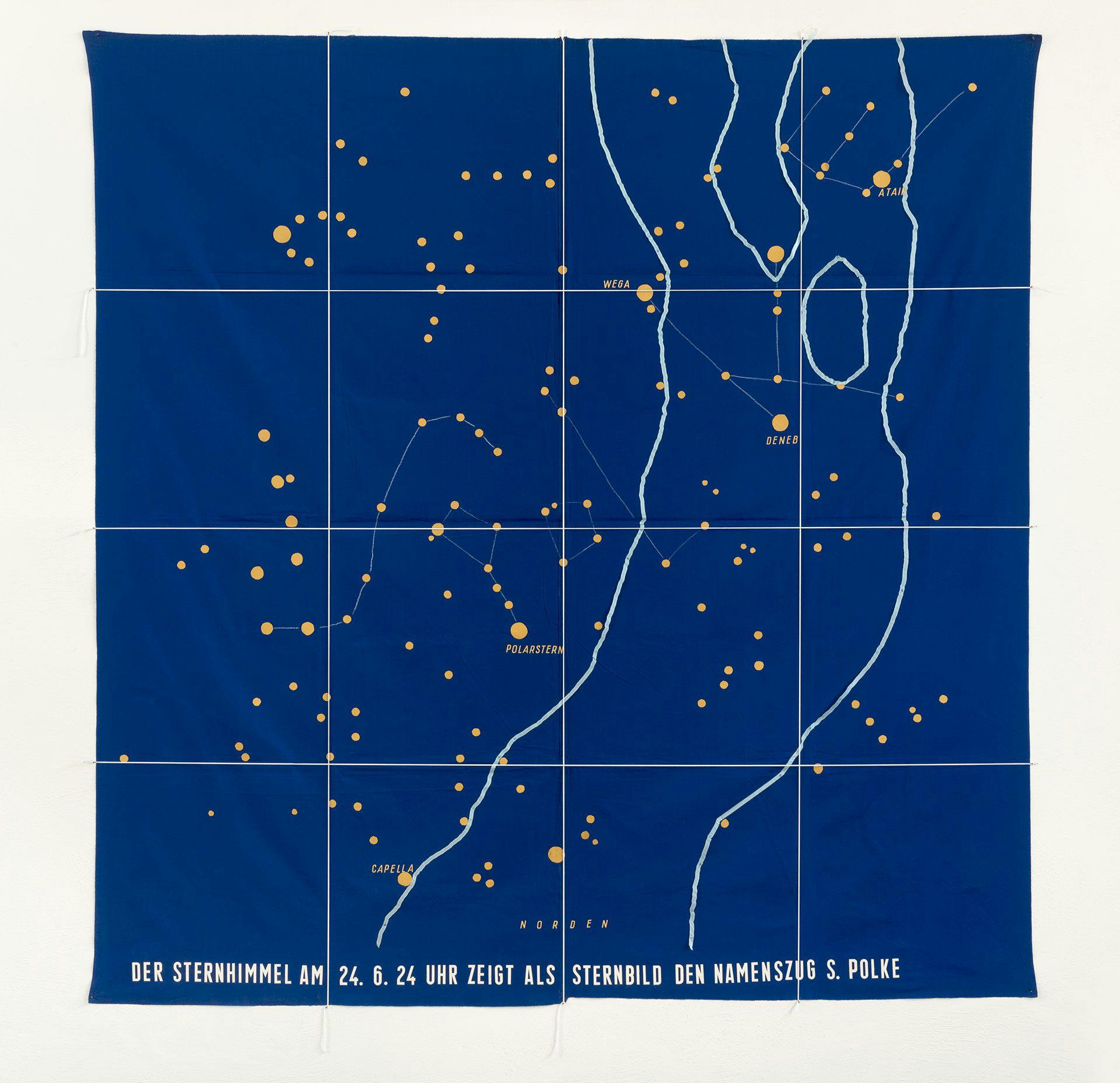 A painting by Sigmar Polke titled Sternhimmeltuch, translated as Starry Heavens Cloth, dated 1968.