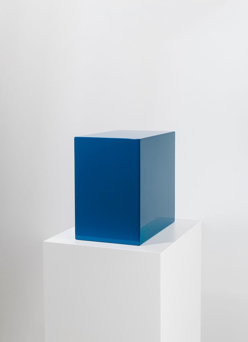 A mixed media sculpture by John McCracken, titled Untitled (Blue Rock), dated 1966.