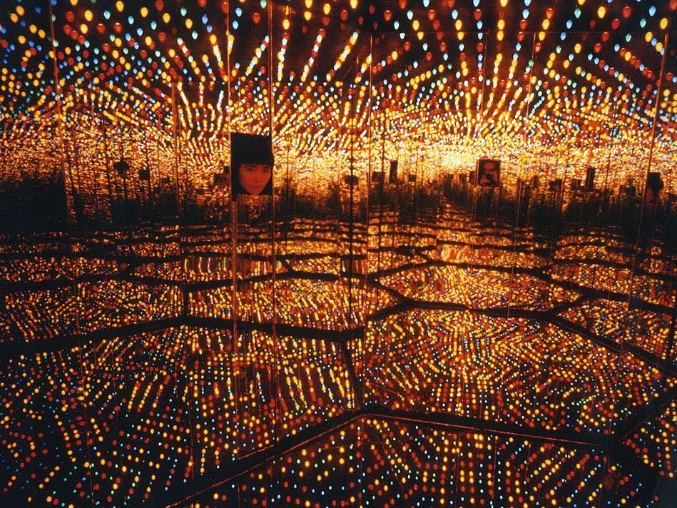 An installation by Yayoi Kusama, titled Infinity Mirrored Room - Love Forever, dated 1966.