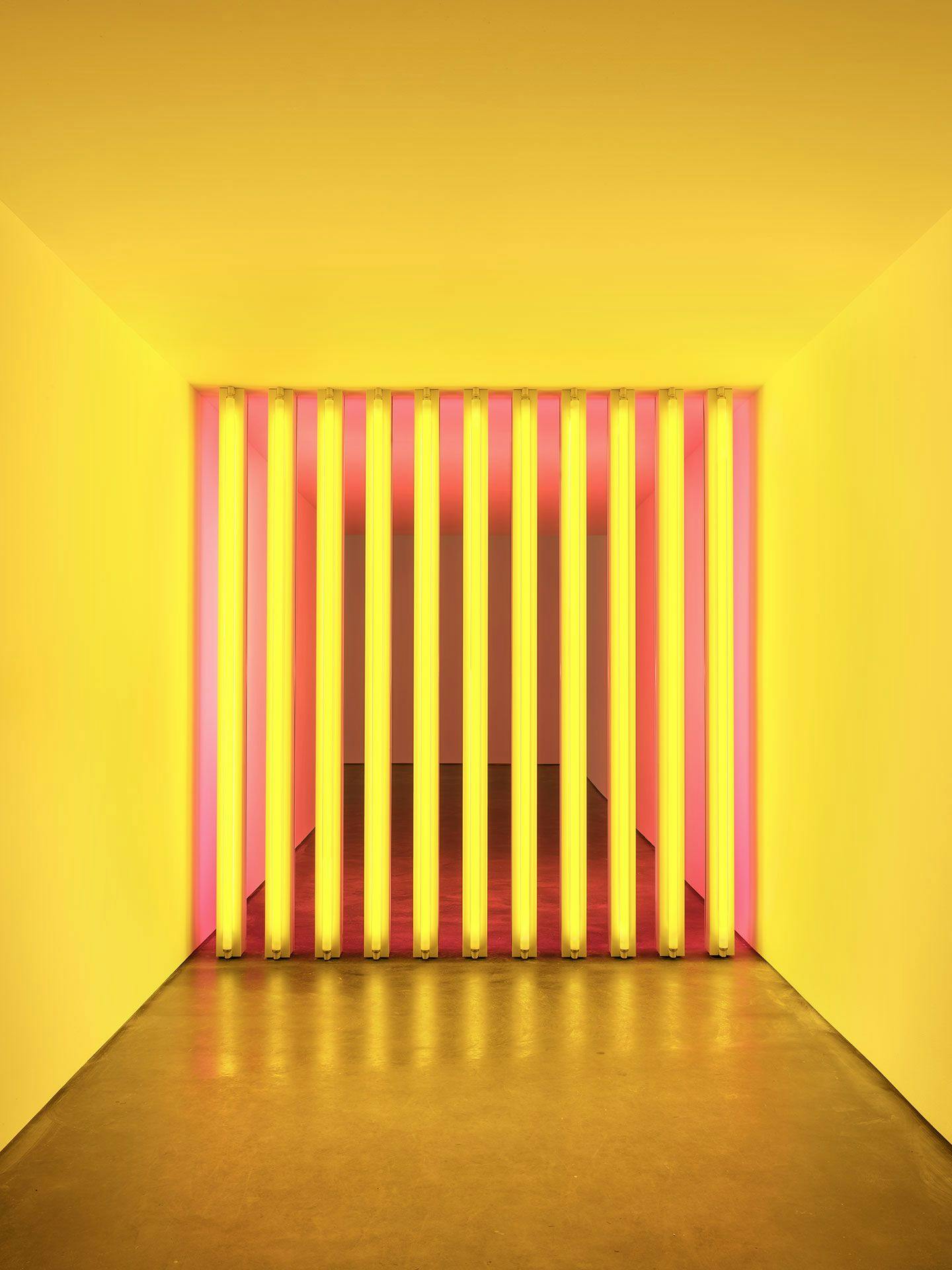 A mid-corridor sculpture in yellow and pink fluorescent light by Dan Flavin, titled untitled (to Barry, Mike, Chuck and Leonard), dated 1972 to 1975.