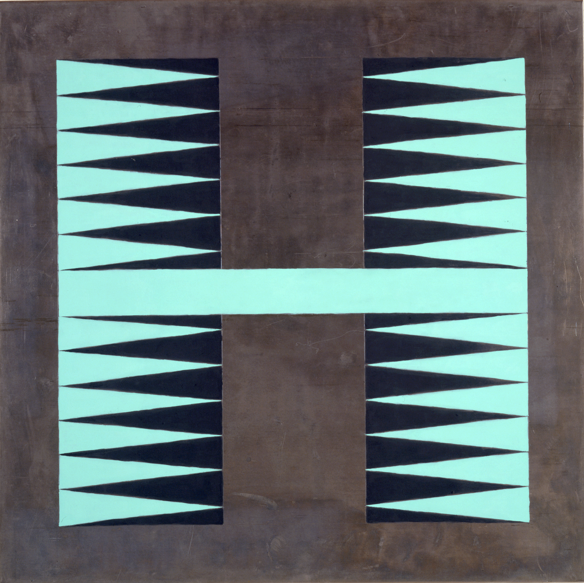 A painting by Sherrie Levine, titled, Lead Chevron: 1, dated 1987. 
