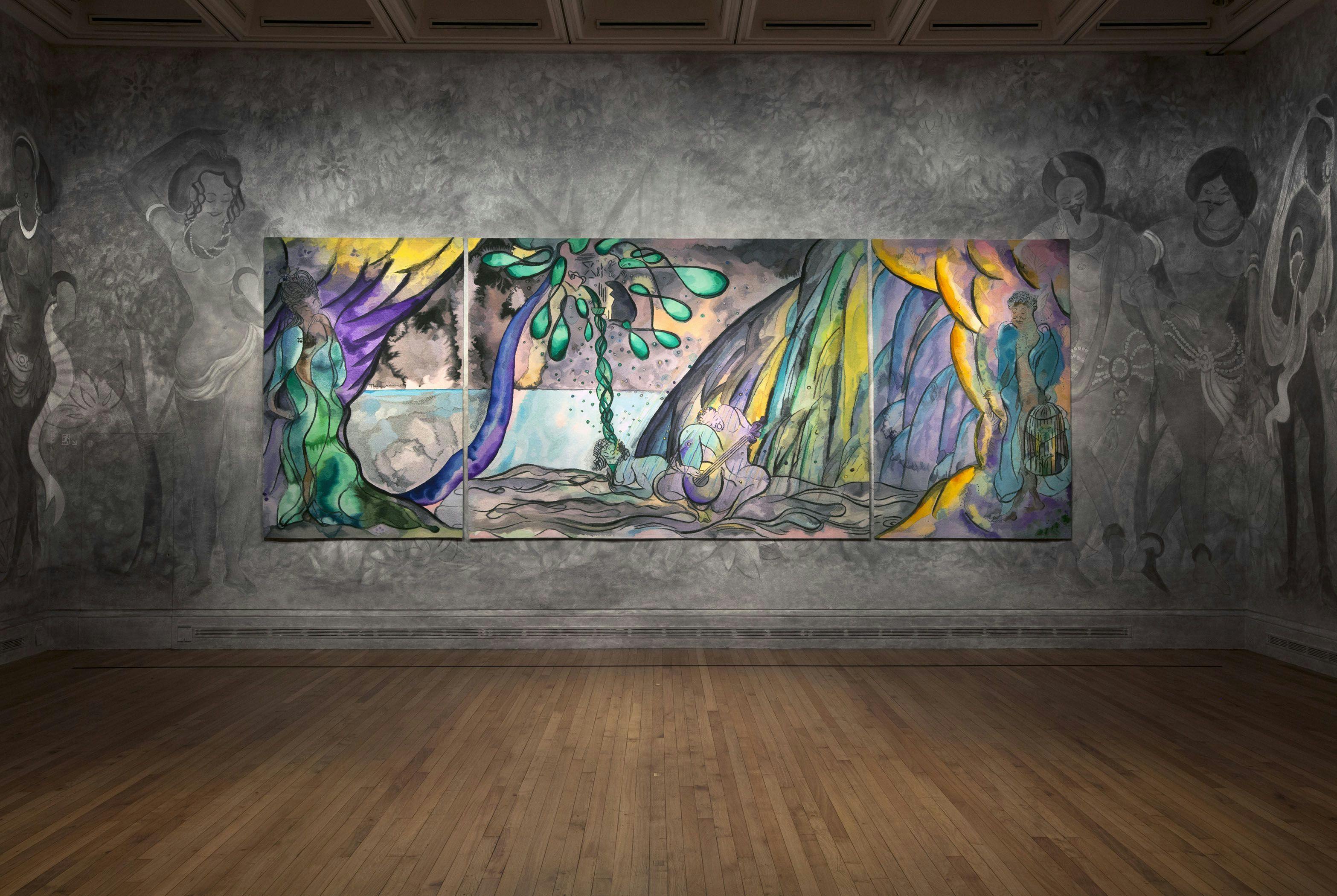 Installation view of the exhibition, Chris Ofili, Weaving Magic, at The National Gallery in London, dated 2017..